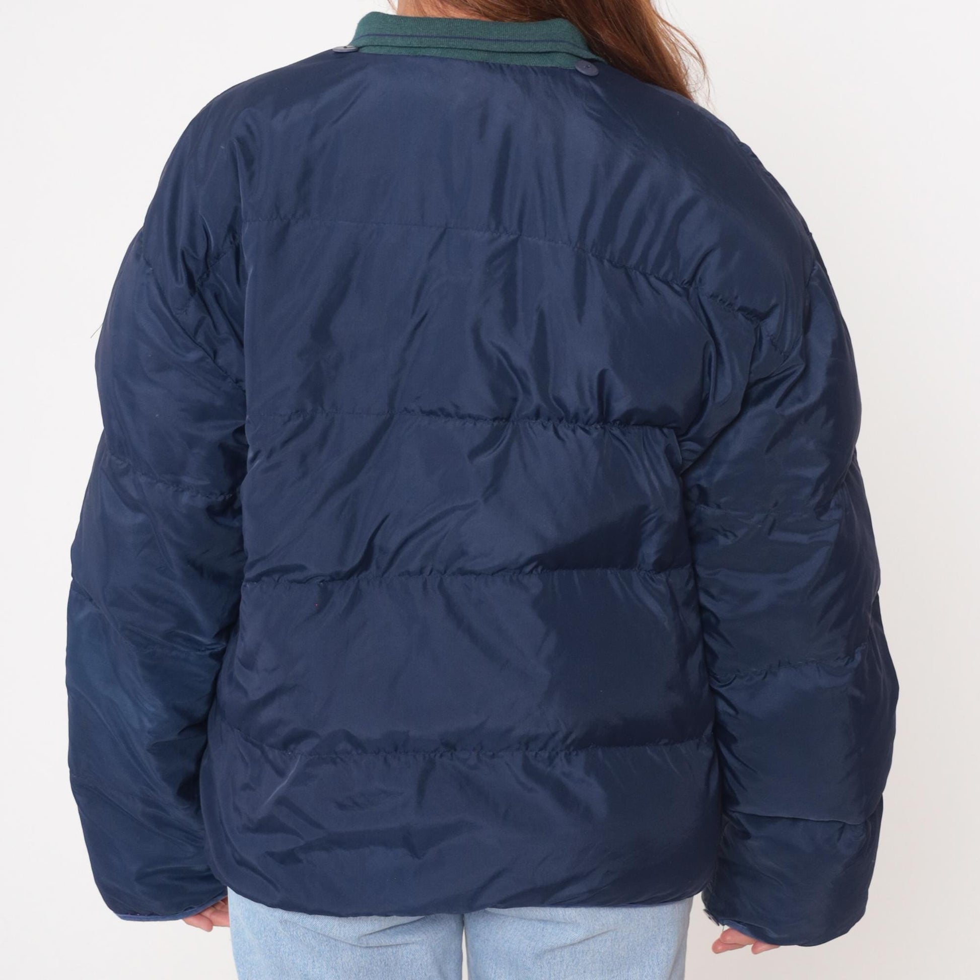 90s GM Down Puffer Jacket Navy Blue Teal Collar Quilted Medium M
