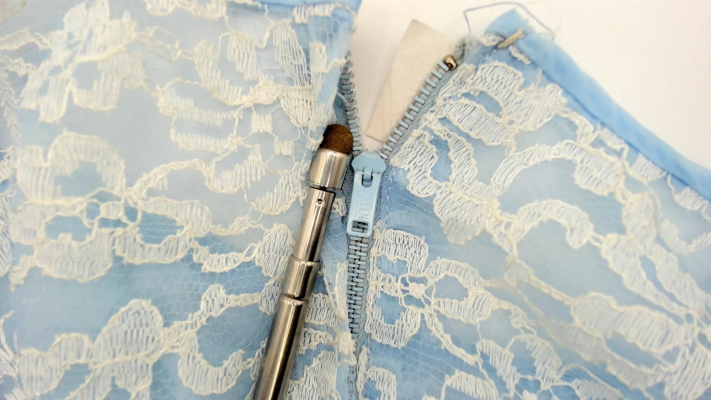 60s Light Blue Floral Lace Party Dress White Overlay Chiffon Skirt Small