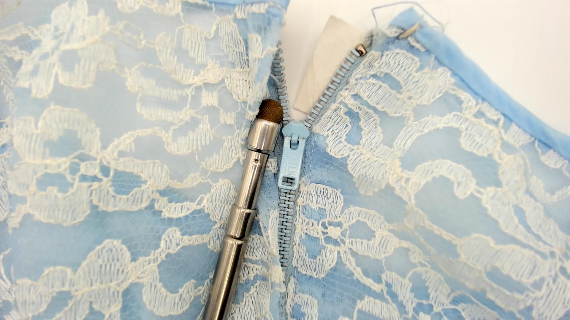 60s Light Blue Floral Lace Party Dress White Overlay Chiffon Skirt Small