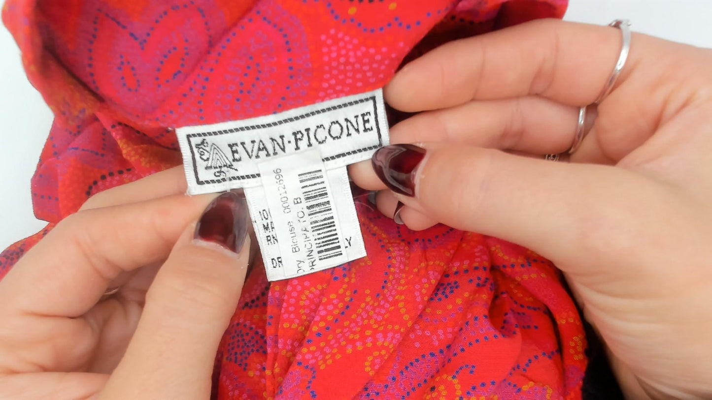 90s Evan Picone Coral Paisley Blouse Long Sleeve Pointed Collar Medium