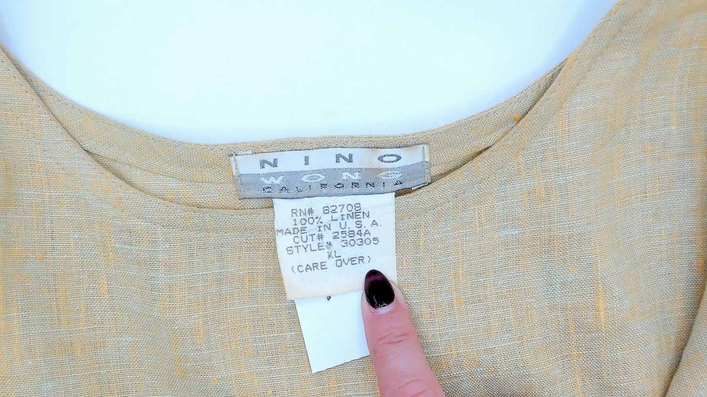 90s Nino Wong Yellow Linen Blouse Geometric Appliqué Short Sleeve Large L