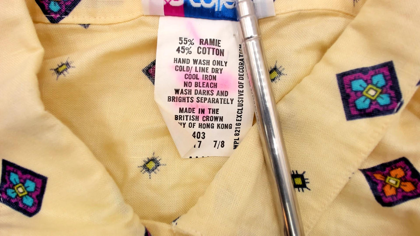 80s Pale Yellow Diamond Print Button-Up Blouse Purple Blue Geometric Medium