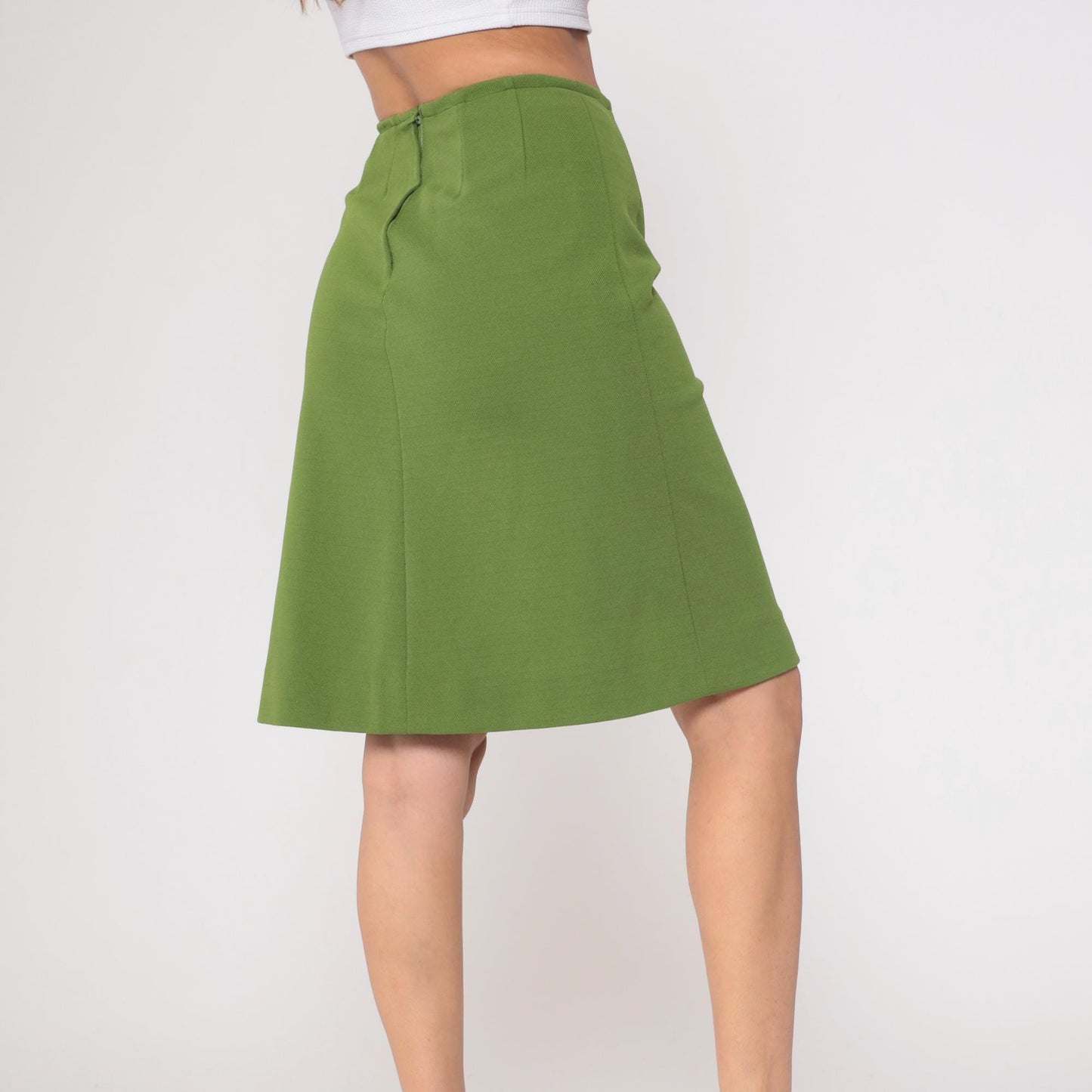 70s Olive Green A-Line Skirt Knee Length Back Zip Small S