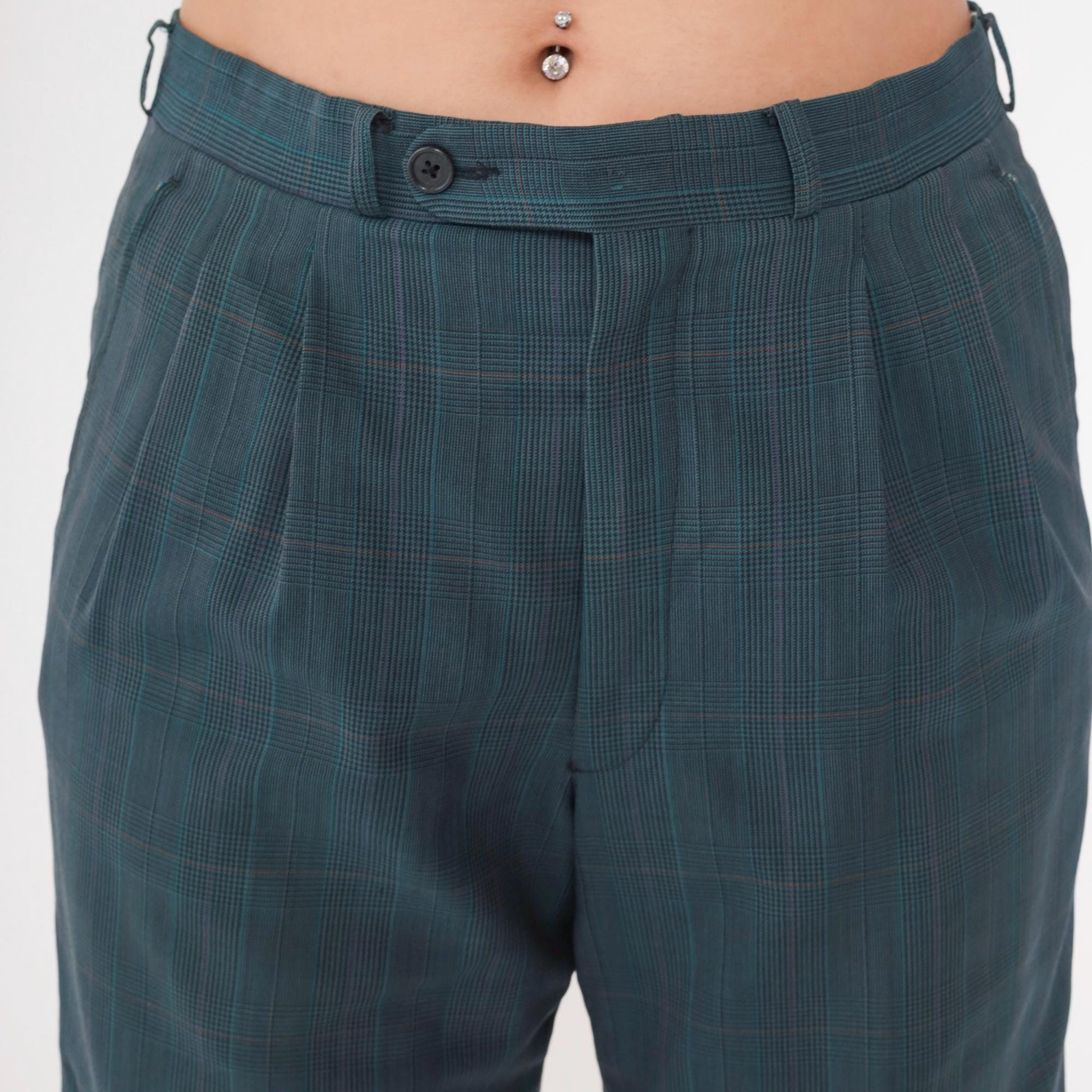 80s Dark Teal Plaid High Waist Straight Leg Trousers Pleated Large