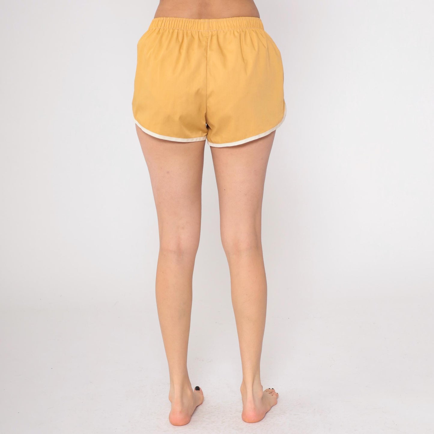 80s Tan Running Shorts White Trim Athletic Dolphin Hem Medium