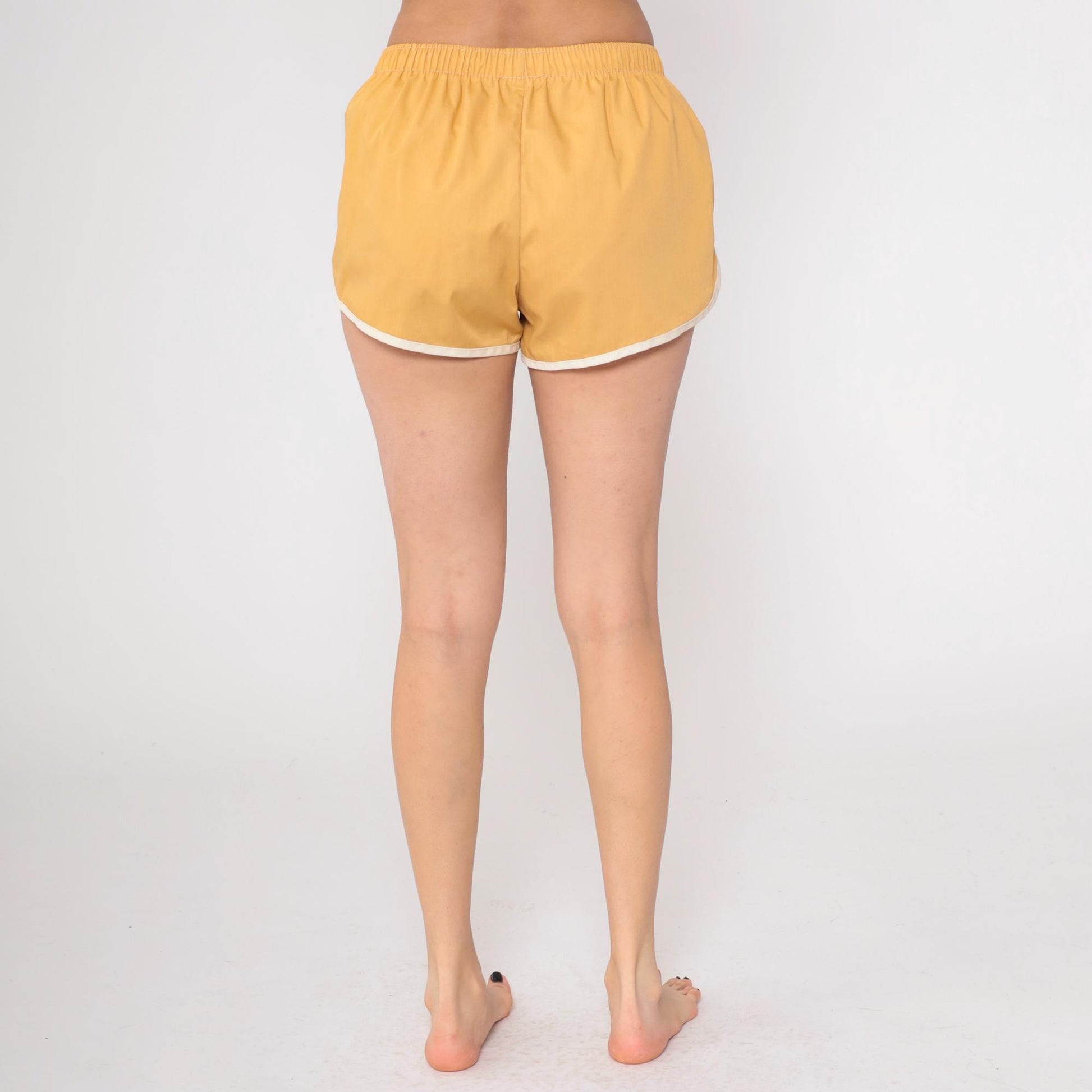80s Tan Running Shorts White Trim Athletic Dolphin Hem Medium