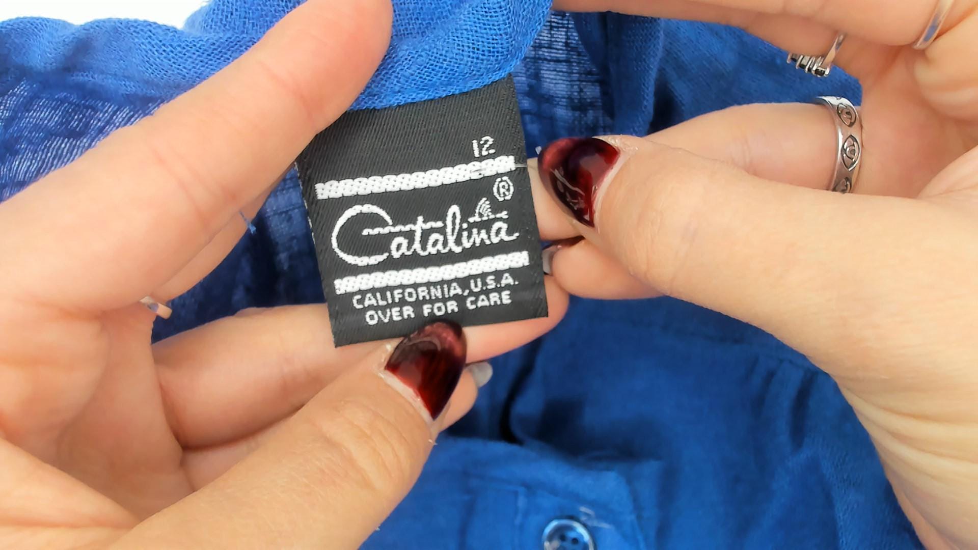 80s Catalina Cotton Blue Button Blouse Gathered Yoke Cap Sleeves Medium