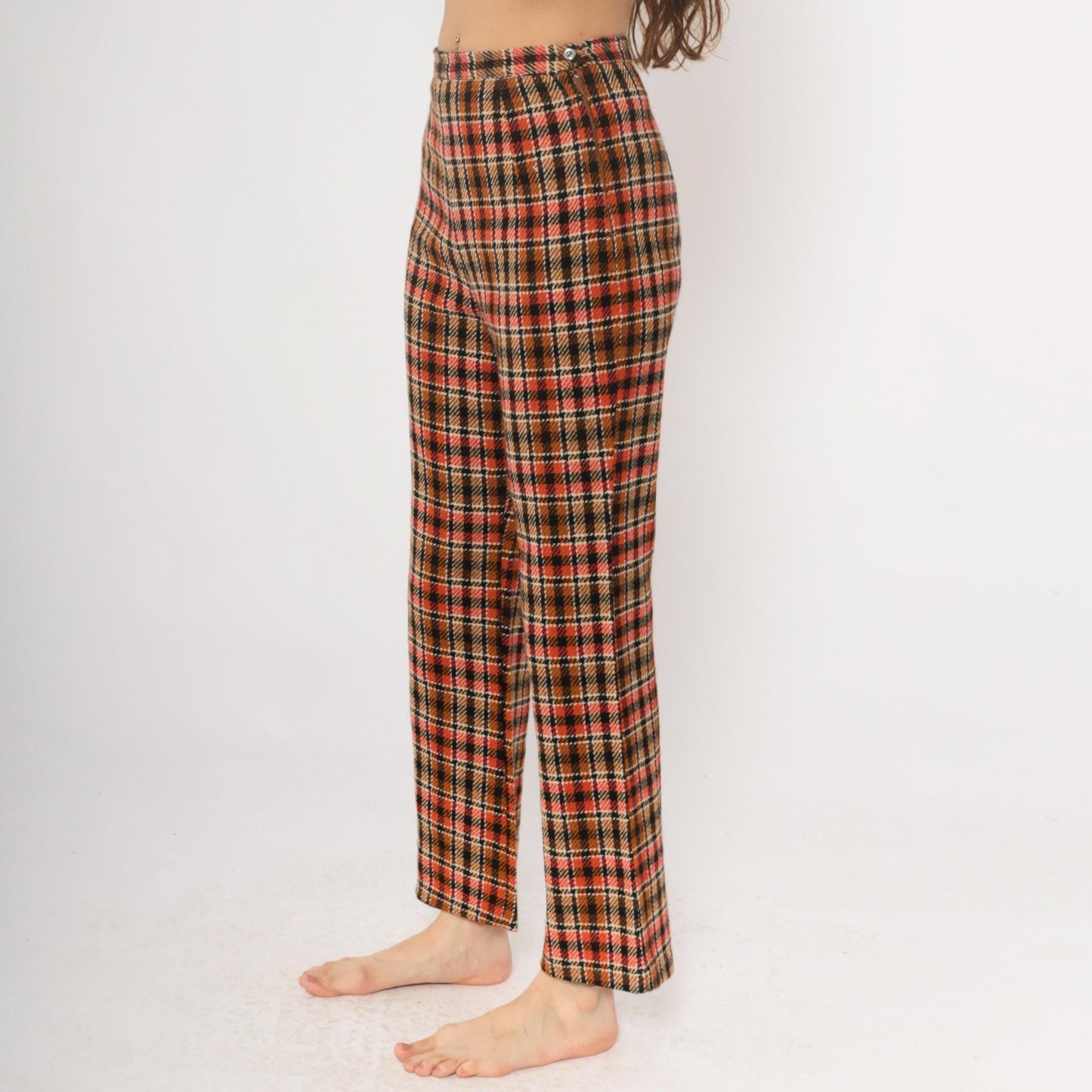 70s Plaid Wide Leg Trousers High Waisted Orange Brown Black Houndstooth Small