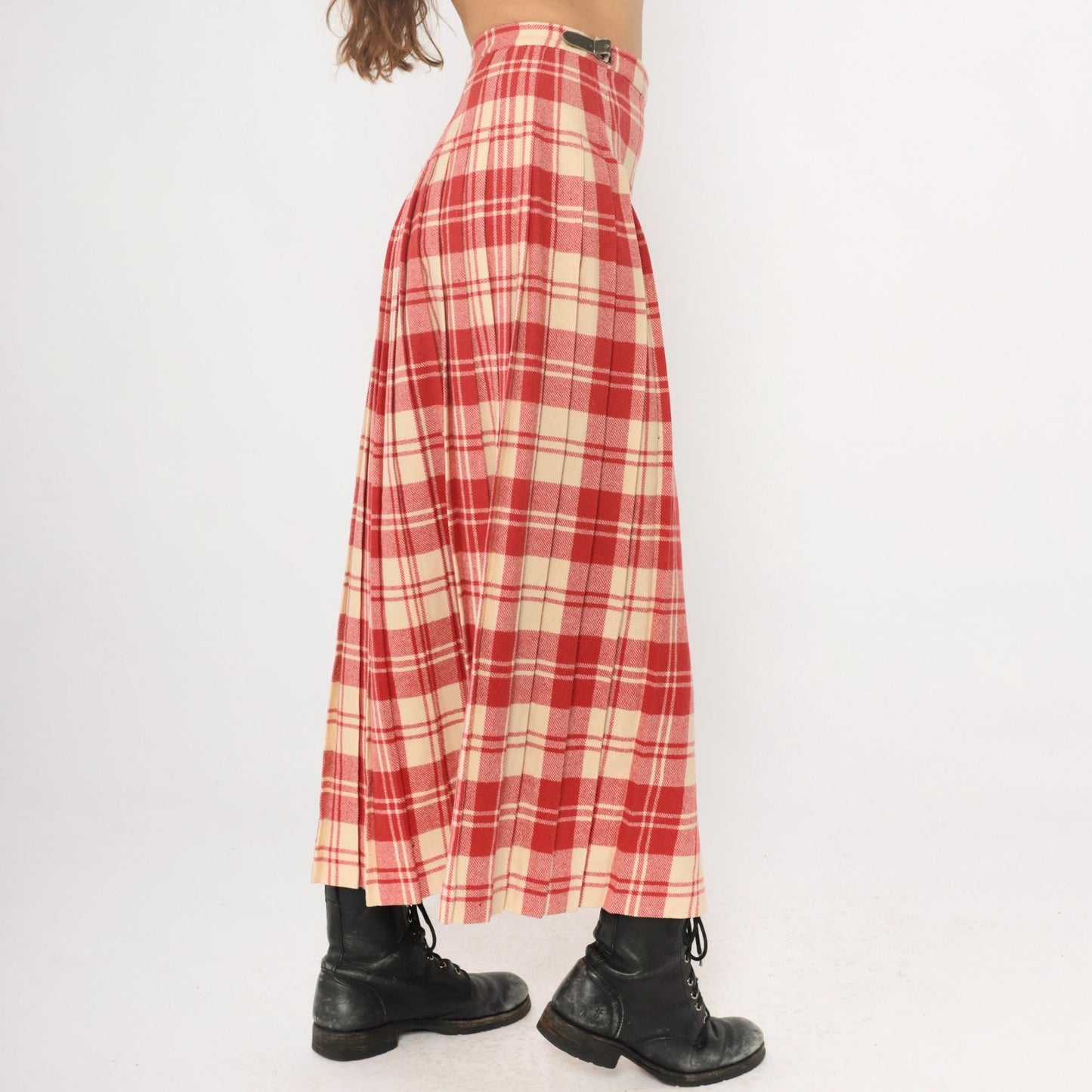 70s Laird Portch Tartan Wool Kilt Skirt Red Cream Pleated Wrap Small Medium
