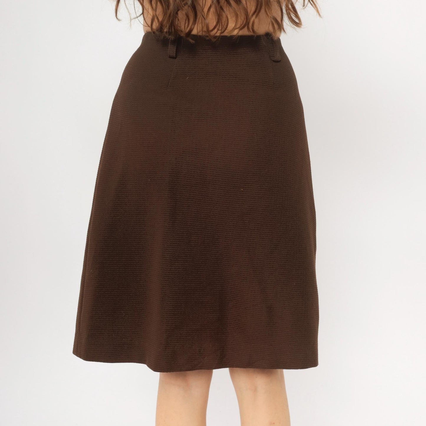 70s Brown Polyester A-Line Skirt Side Button Closure Small S