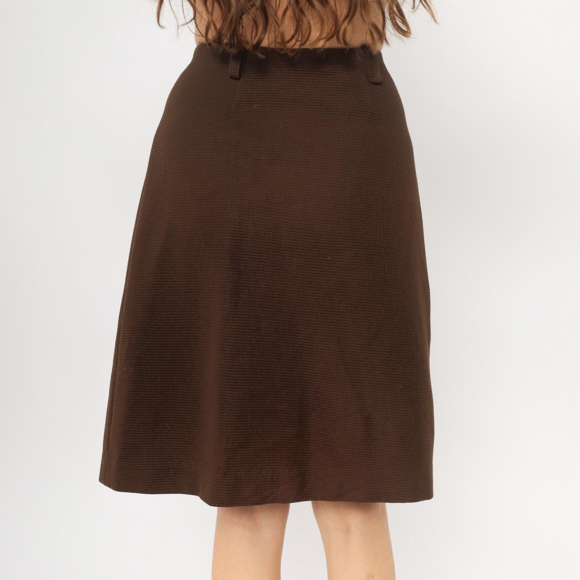 70s Brown Polyester A-Line Skirt Side Button Closure Small S