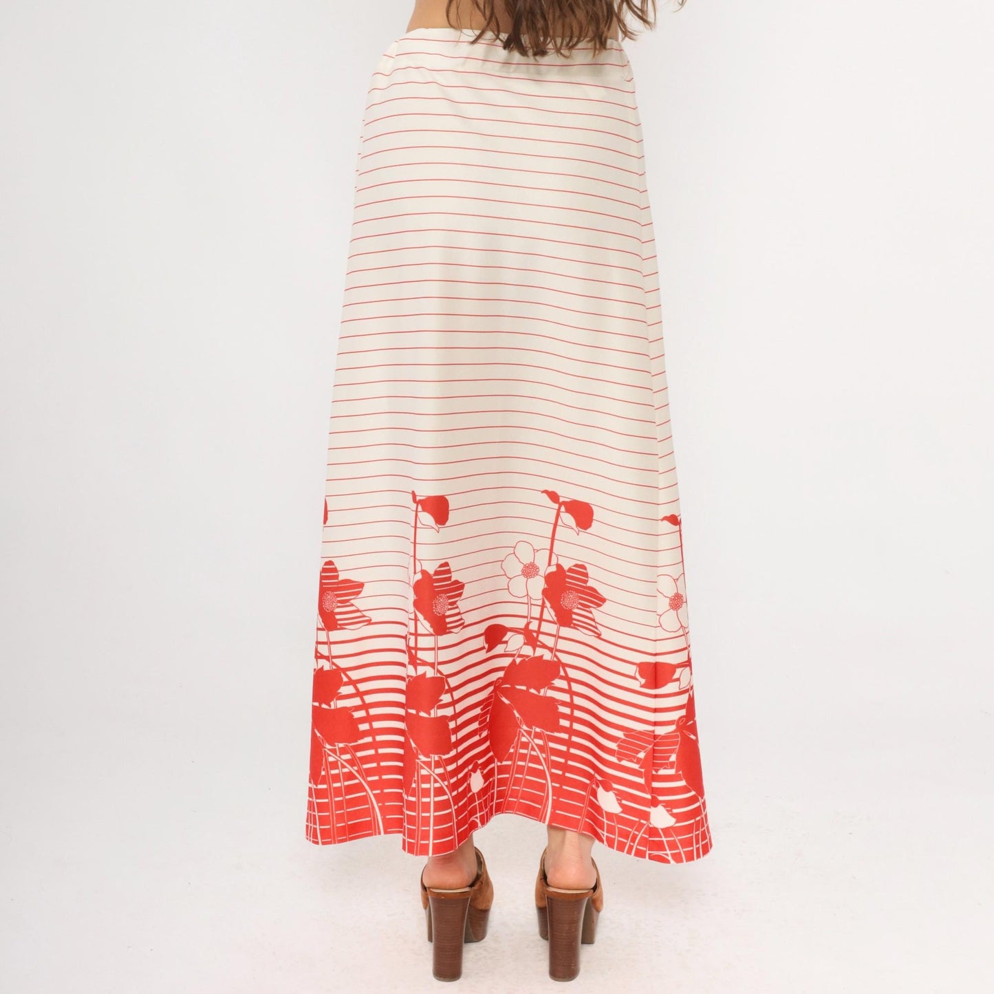 70s Floral Striped Maxi Skirt Red White Cream Elastic Waist A-Line Medium