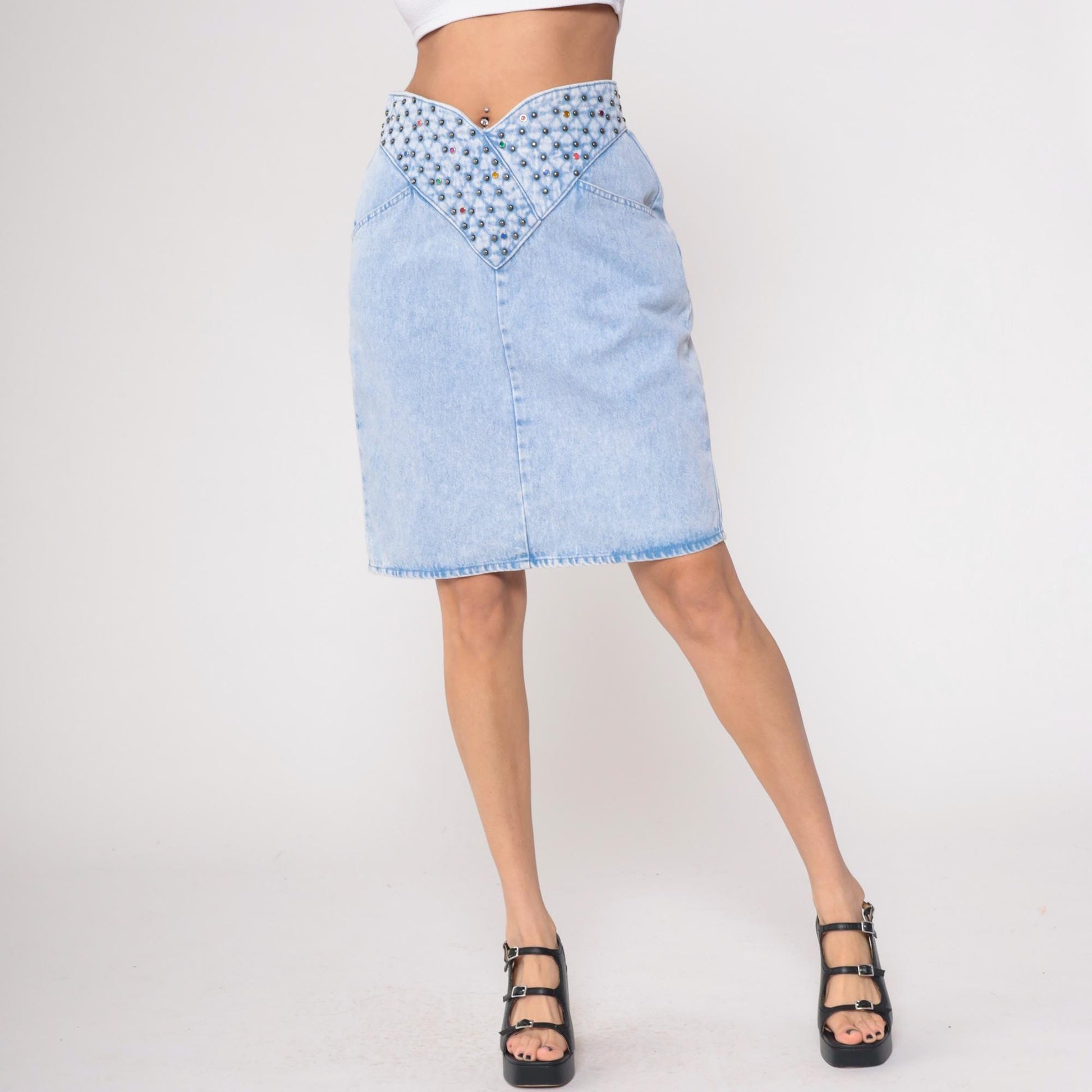90s Opal Light Blue Studded Denim Mini Skirt Rhinestone High Waist Medium
