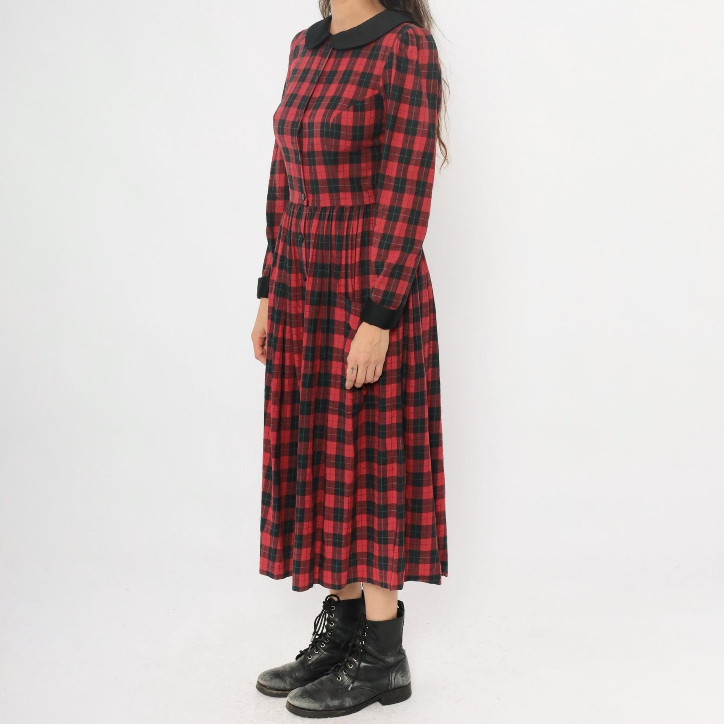 90s St Simon Red Black Plaid Midi Dress Peter Pan Collar Small S