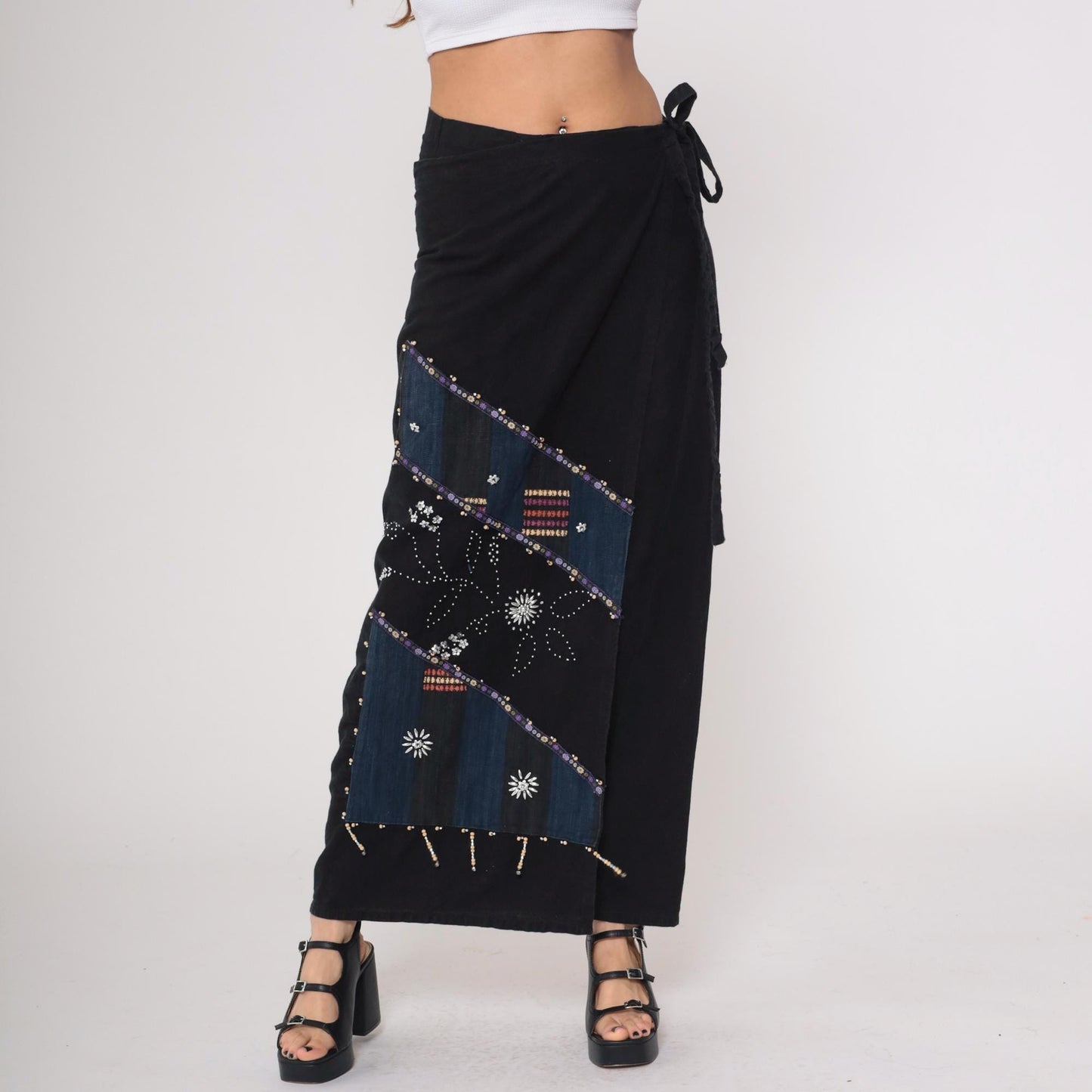 Y2K Black Wrap Skirt Beaded Navy Maxi Sequin Geometric Tribal Cotton Large