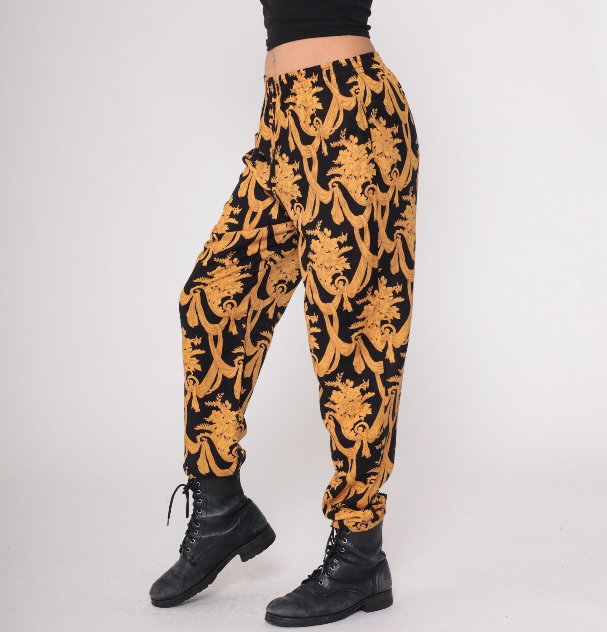 90s Judy Knapp Black Gold Baroque Damask Pants Elastic Waist Medium M