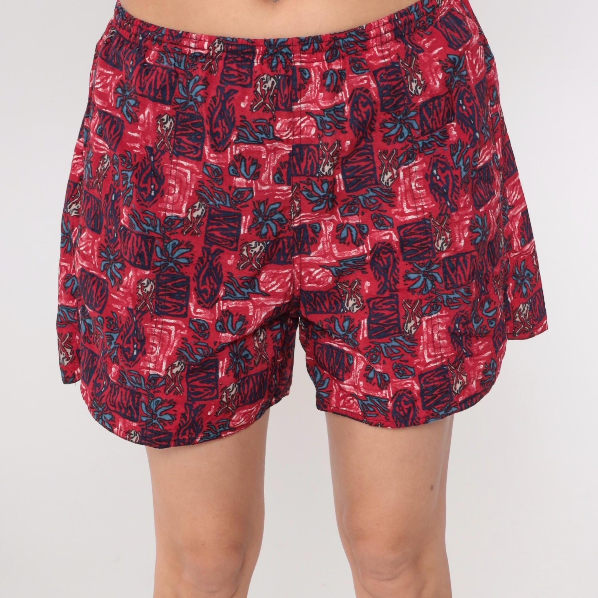 90s Newport Blue Tropical Swim Shorts Red Floral High Rise Medium