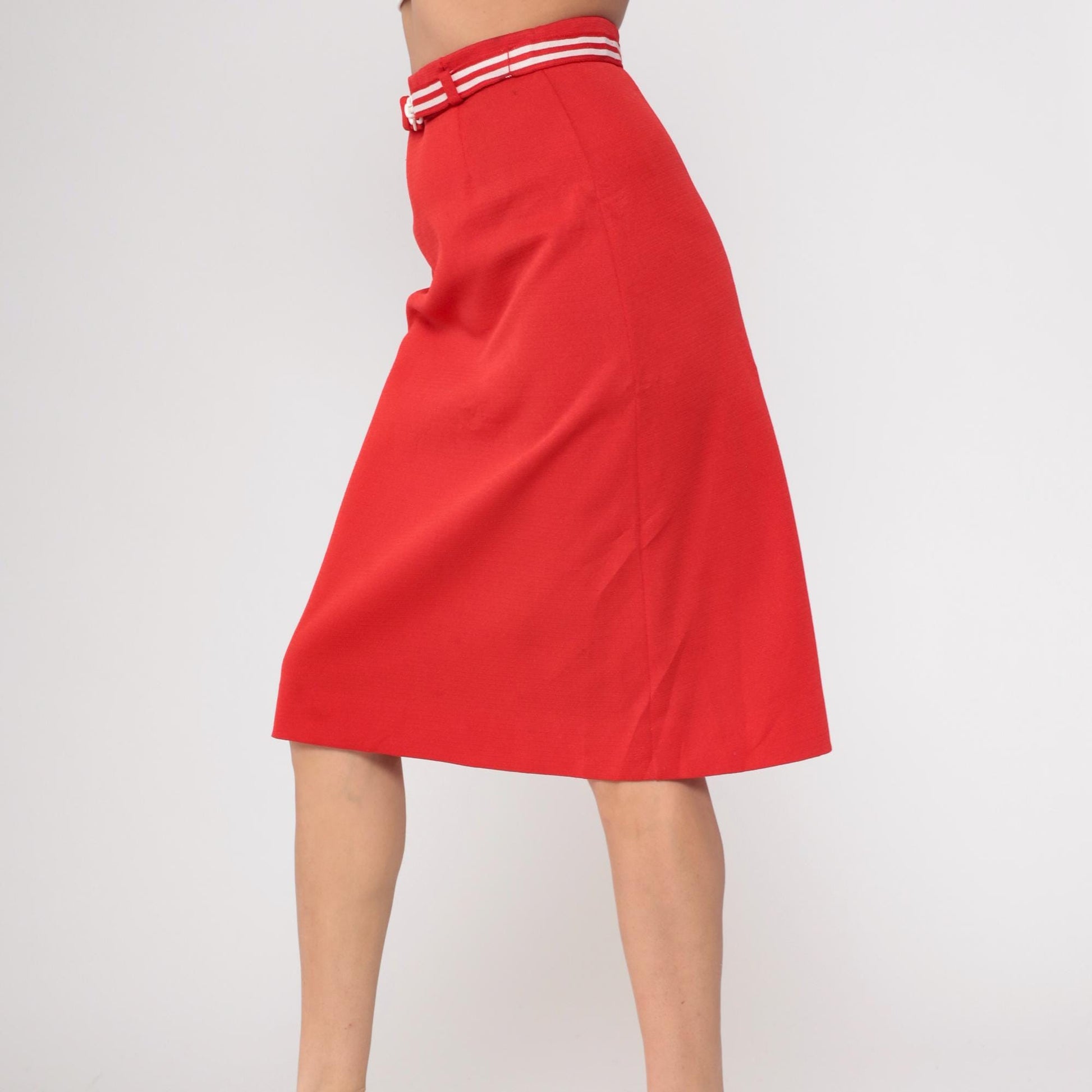 80s Act 3 Red Pencil Skirt White Striped Belt Knee-Length Medium