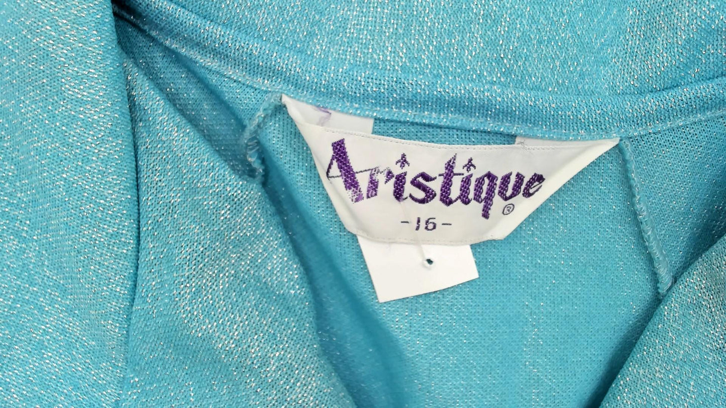 70s Aristique Turquoise Metallic Maxi Robe Zip Front Collared Loungewear Large L