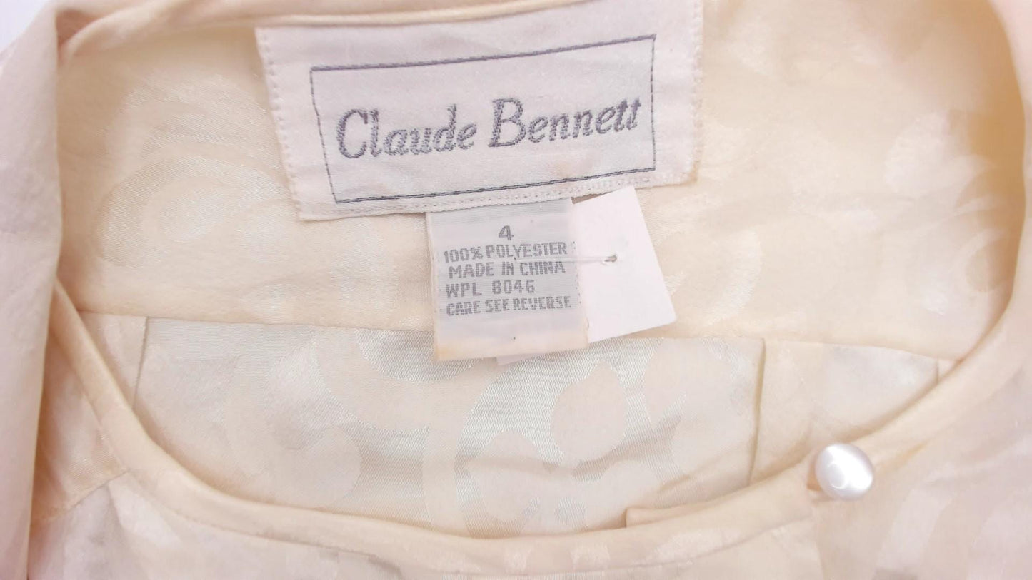 80s Claude Bennet Cream Jacquard Blouse Gathered Shoulders Small