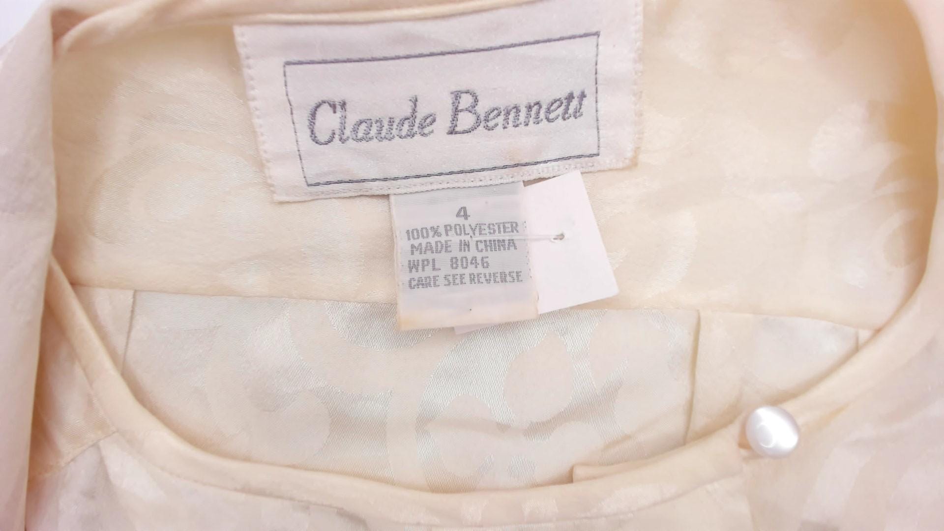 80s Claude Bennet Cream Jacquard Blouse Gathered Shoulders Small