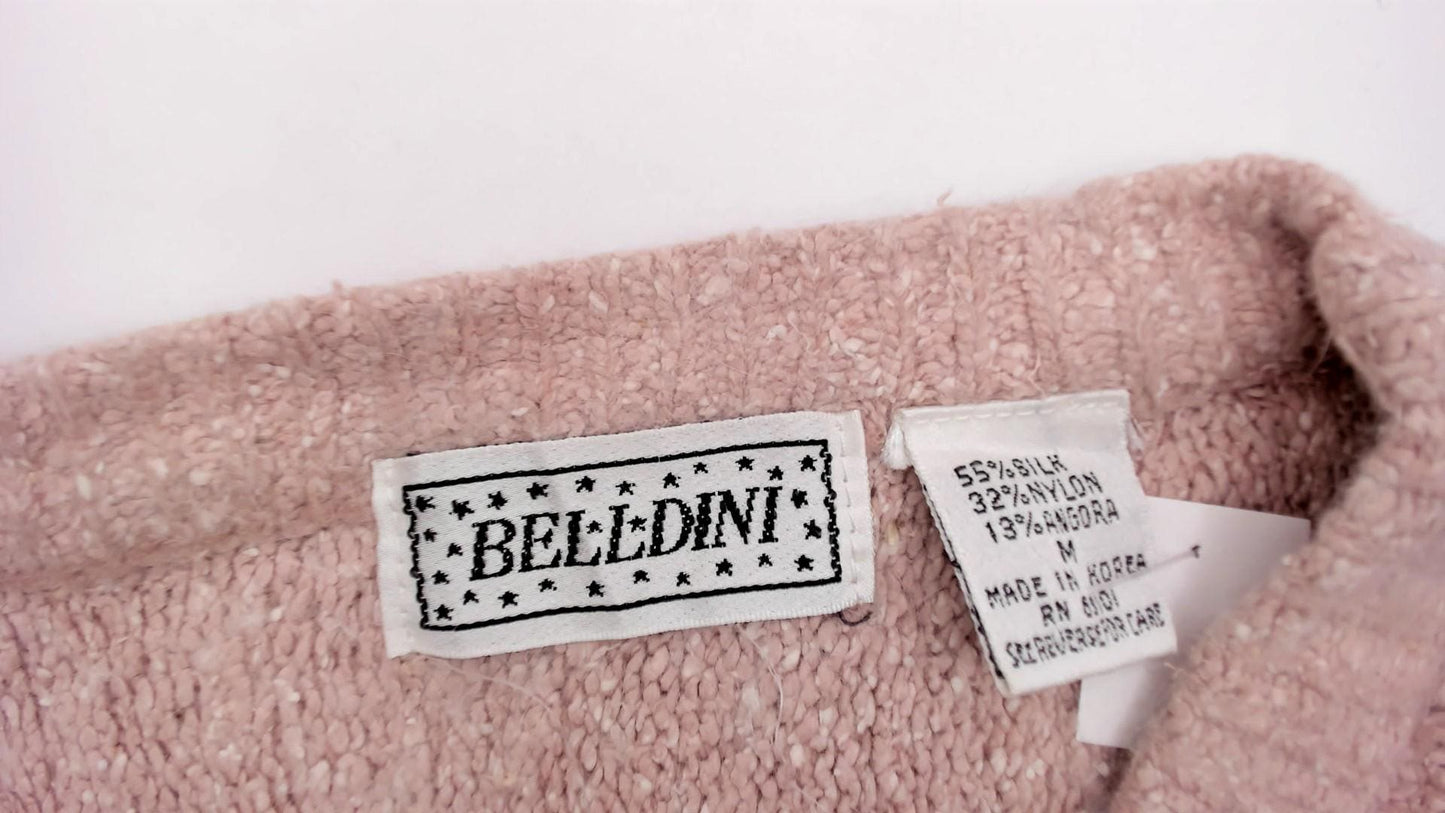 80s Belldini Pink Sweater Leaf Appliqué Beaded Knit Medium M