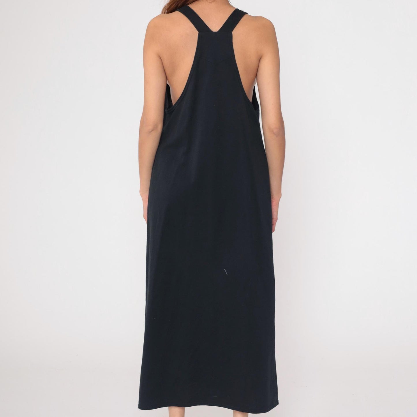 90s California Concepts Black Maxi Dress Stick Figure Embroidery Square Neck Medium Large