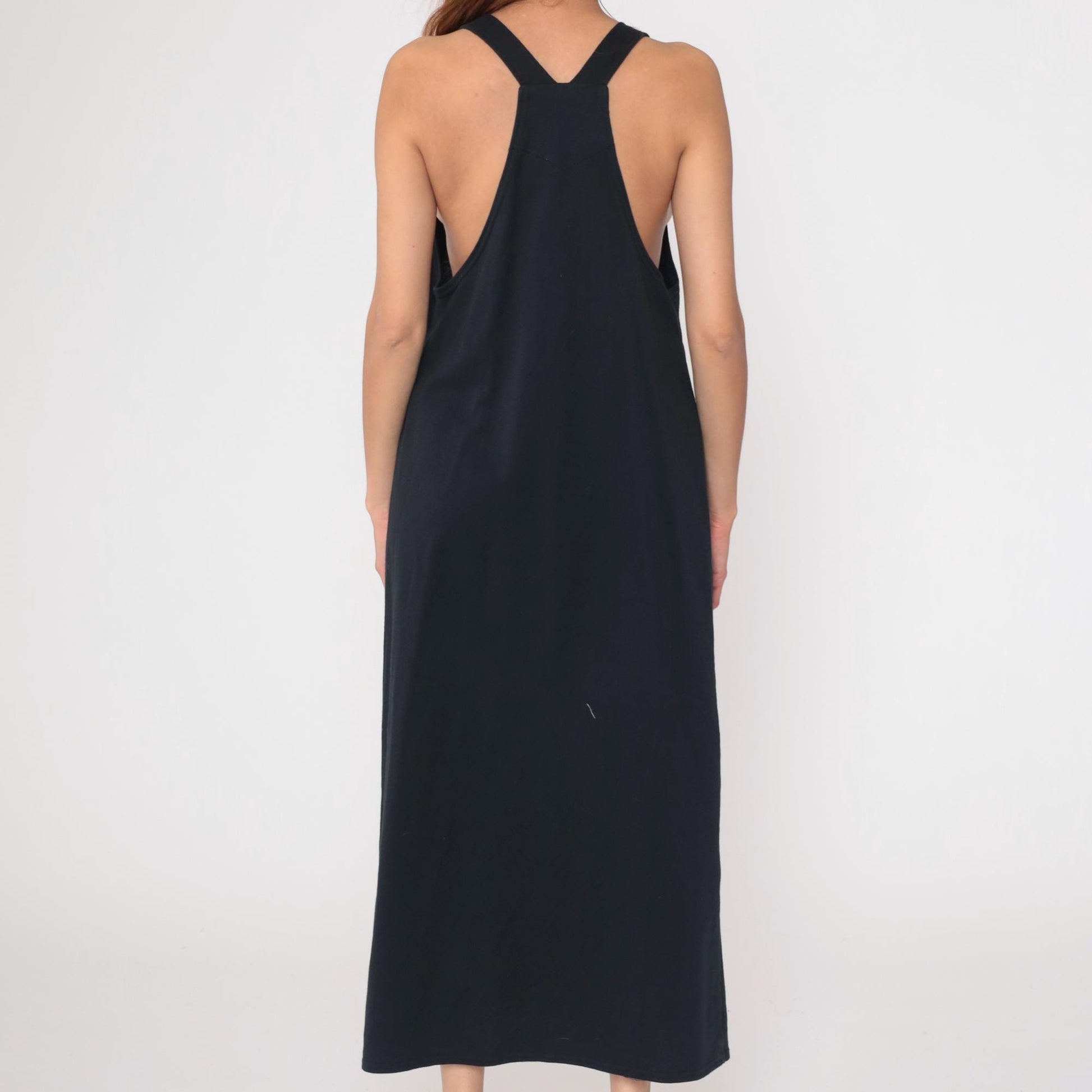90s California Concepts Black Maxi Dress Stick Figure Embroidery Square Neck Medium Large