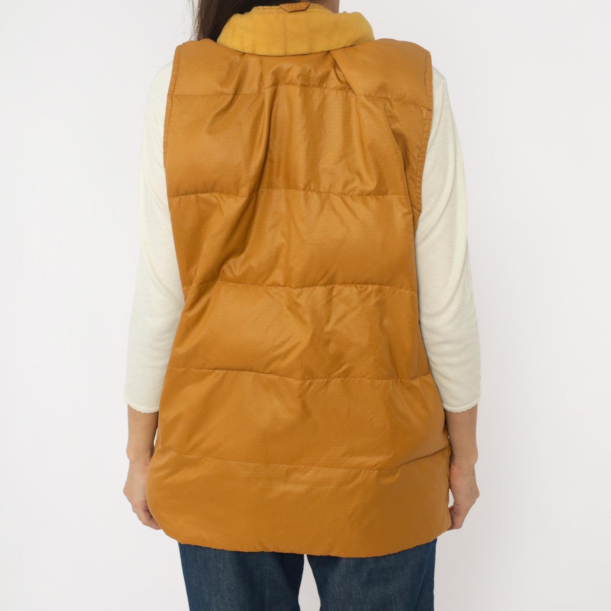 80s Eddie Bauer Down Vest Mustard Yellow Quilted Snap Front Large L