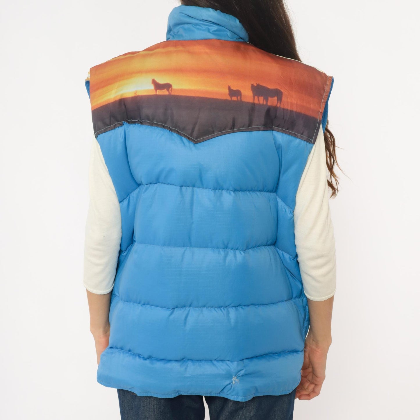 70s Western Sunset Puffer Vest Blue Down Quilted Snap Front Extra Large XL