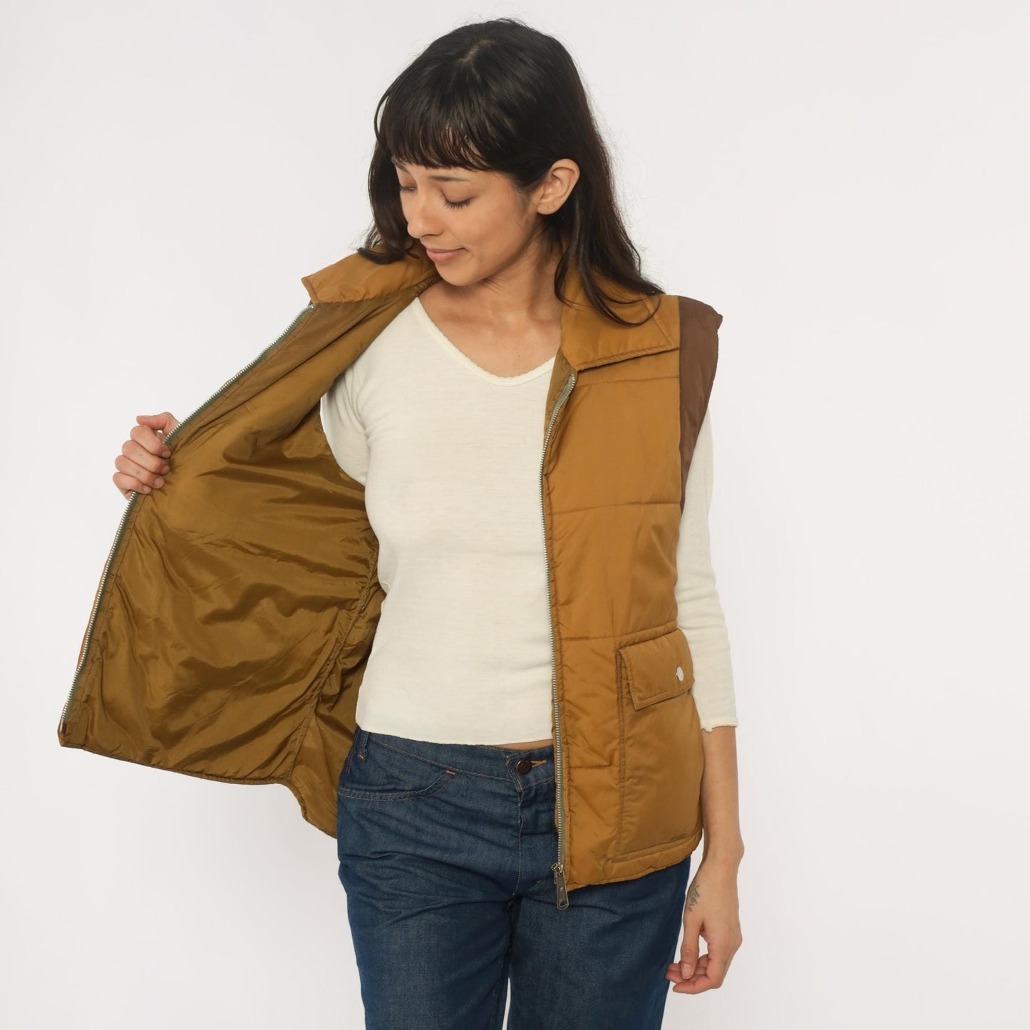 80s Mustard Brown Quilted Puffer Vest Nylon Zip Front Medium