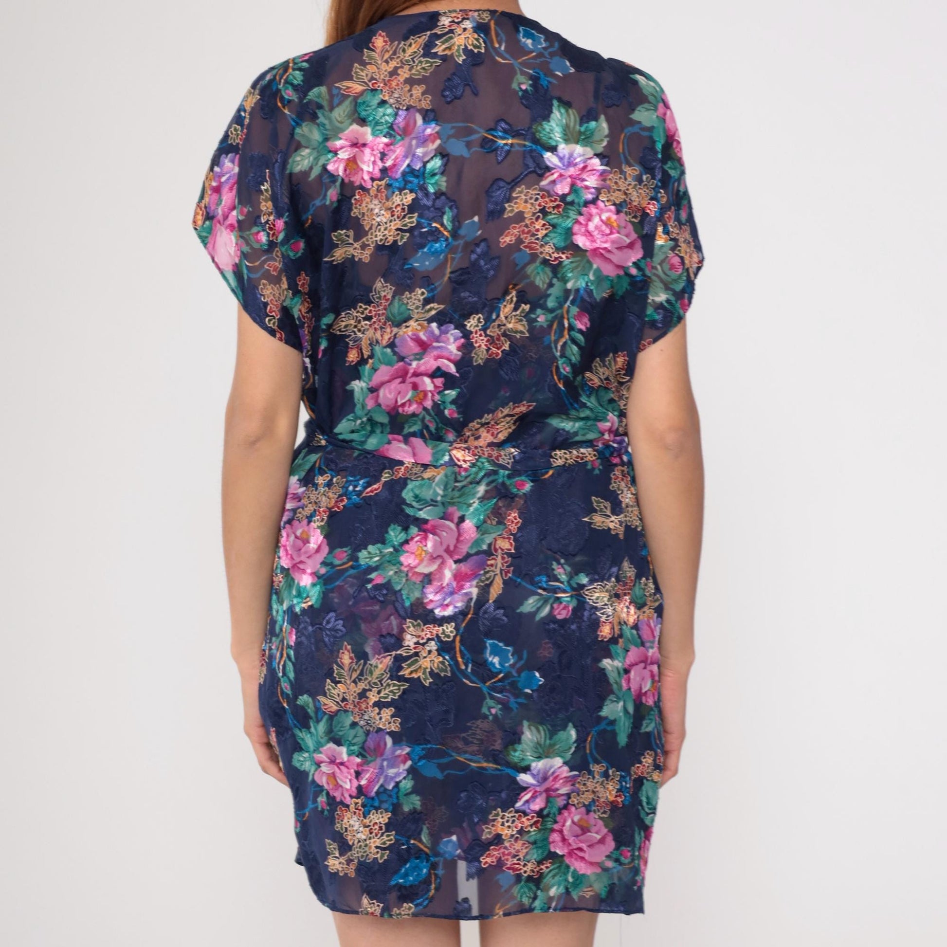 90s Navy Floral Kimono Robe Pink Purple Blue Green Flowers Wrap Tie Lingerie Large