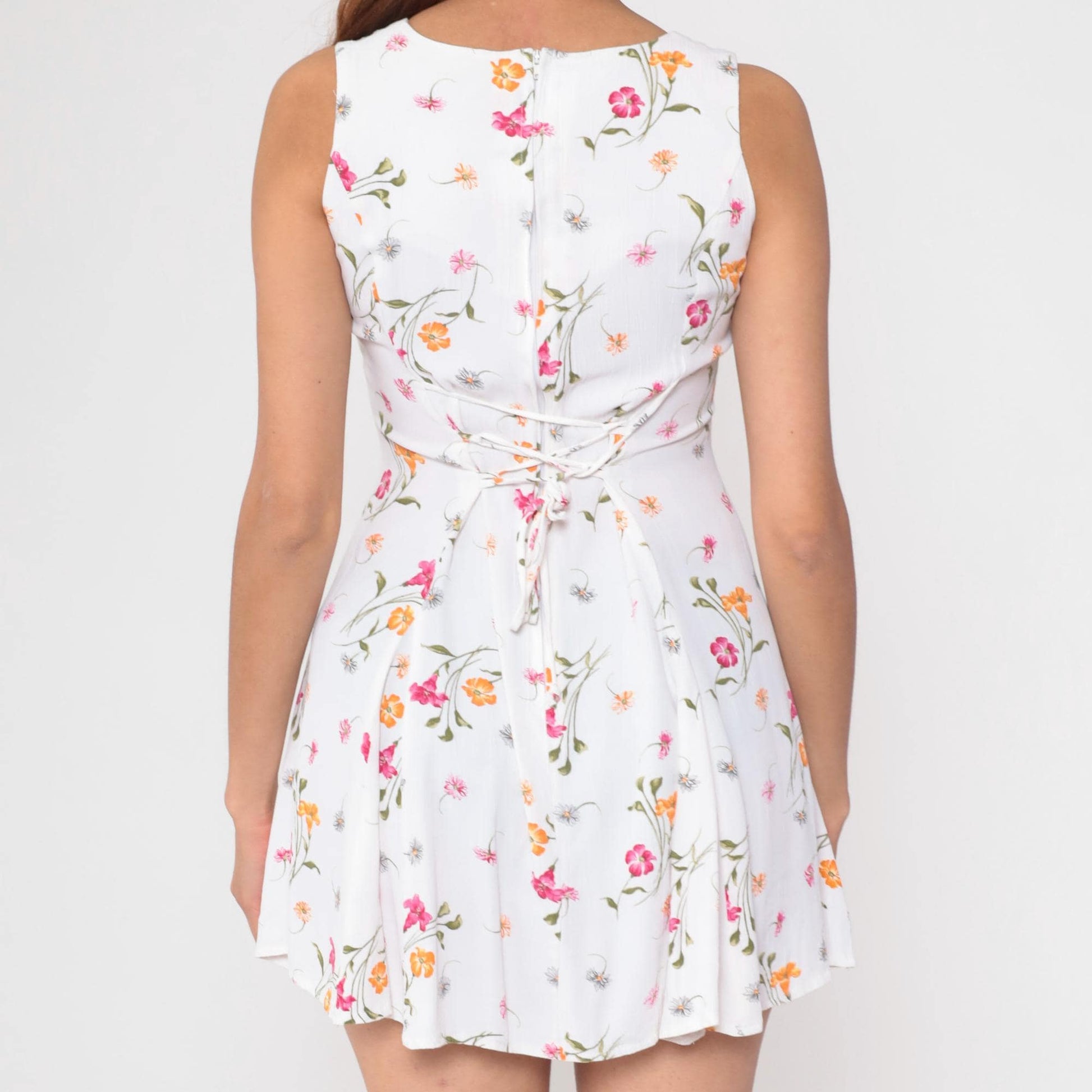 90s Benson and Smith Floral Mini Dress White Pink Orange Small