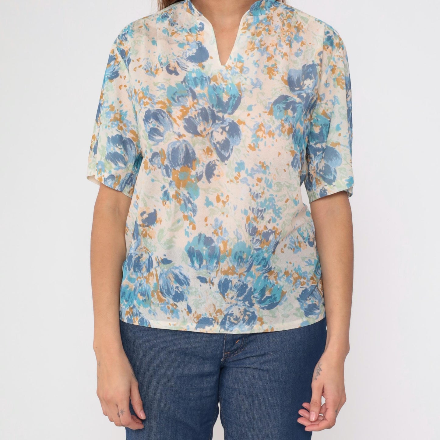 70s Floral Blouse Watercolor Print Blue Cream Sage Mandarin Collar Medium M