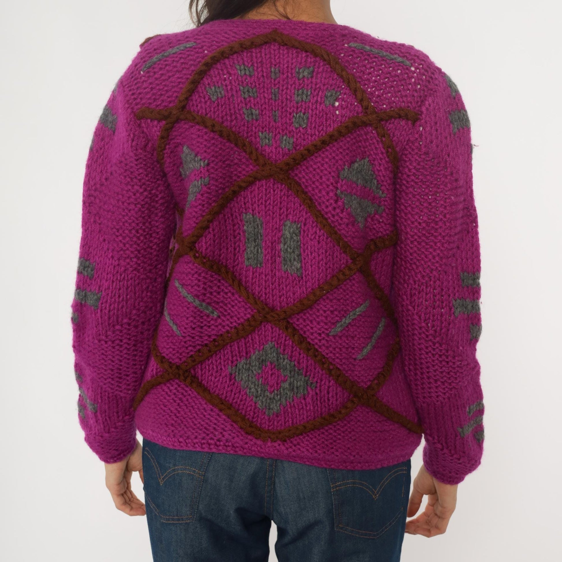 90s Purple Argyle Cardigan Wool Blend Chunky Knit Diamond Pattern Small