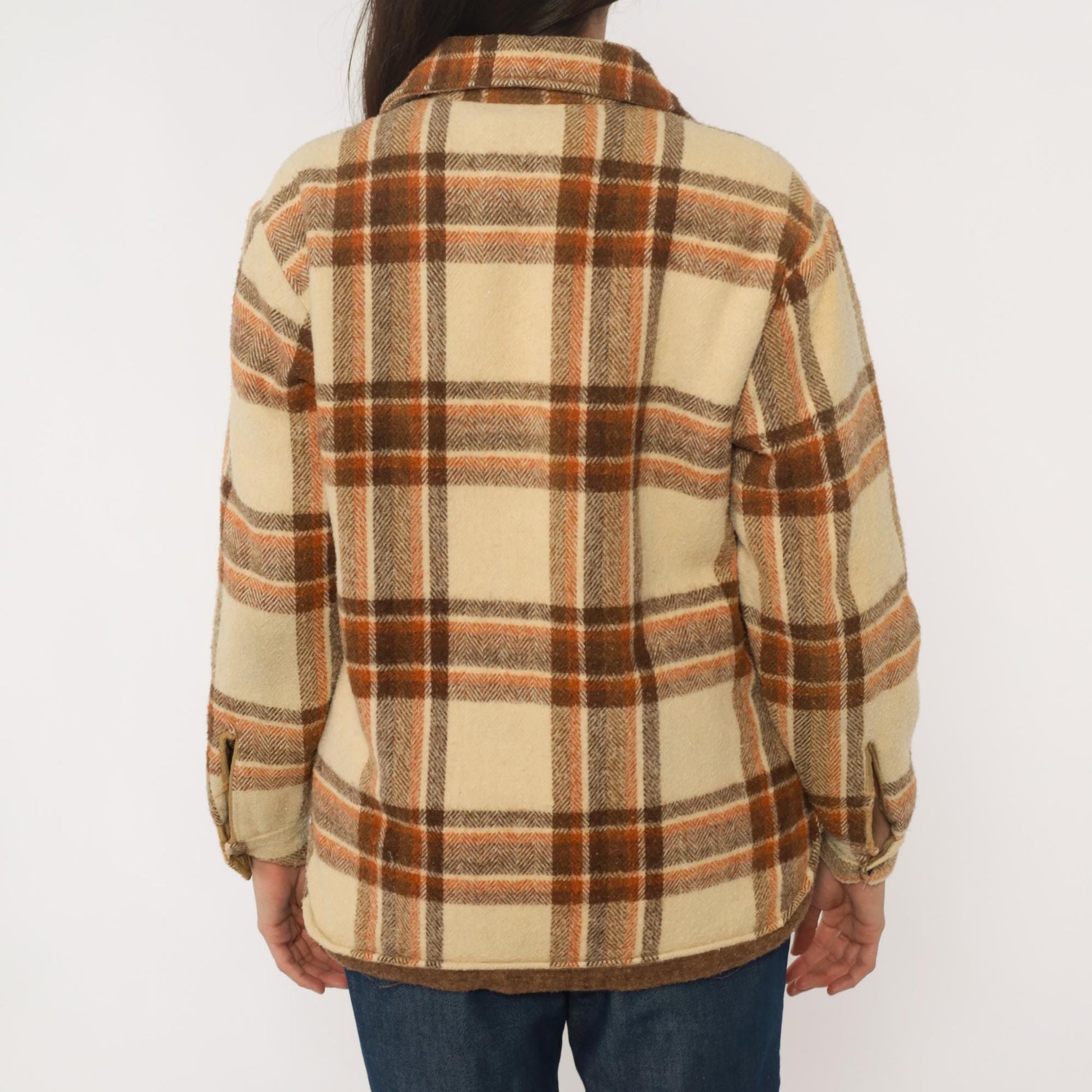 70s Briarcliff Plaid Flannel Shirt Cream Brown Cotton Blend Lined Medium