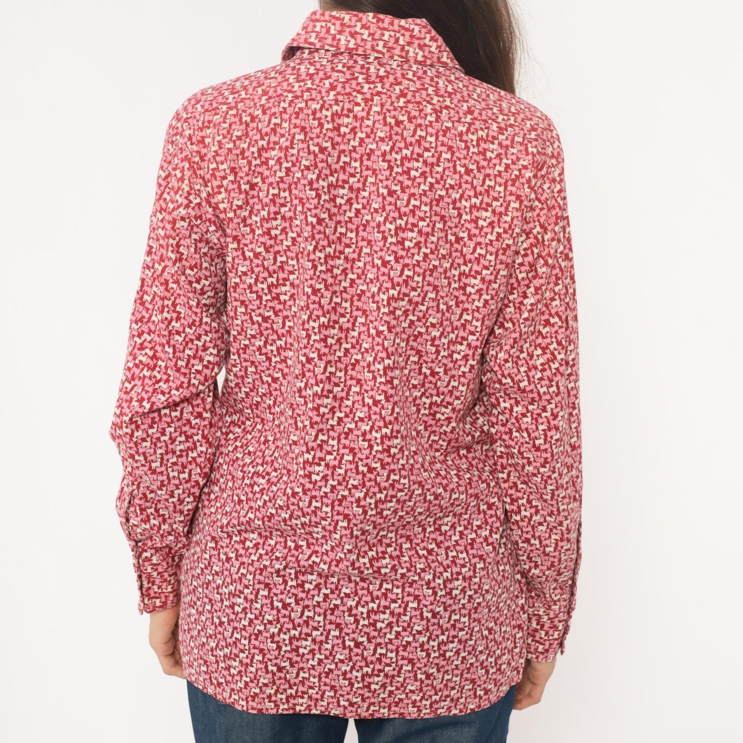 70s Van Heusen Lamb Print Button-Up Blouse Red Cream Pointed Collar Large L