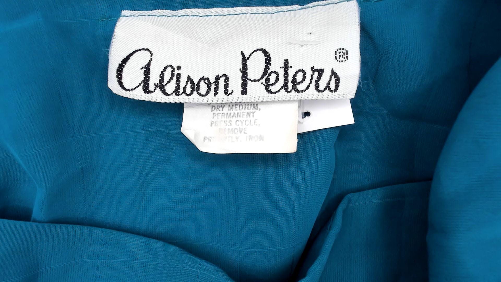 80s Alison Peters Teal Puff Sleeve Dress Boat Neck Tie Belt Knee-Length Small