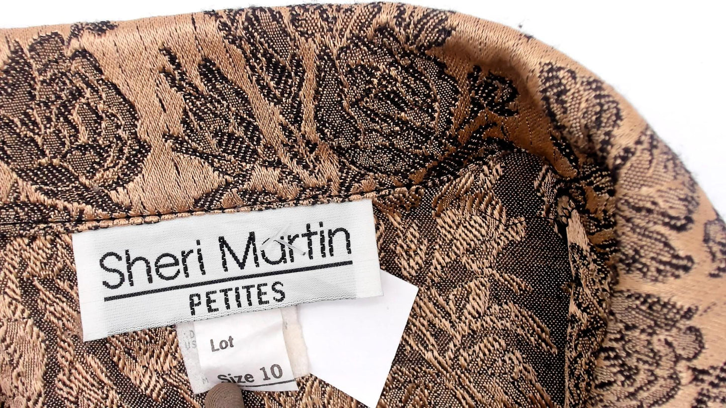 90s Sheri Martin Floral Brocade Jacket Cropped Champagne Black Piping Medium