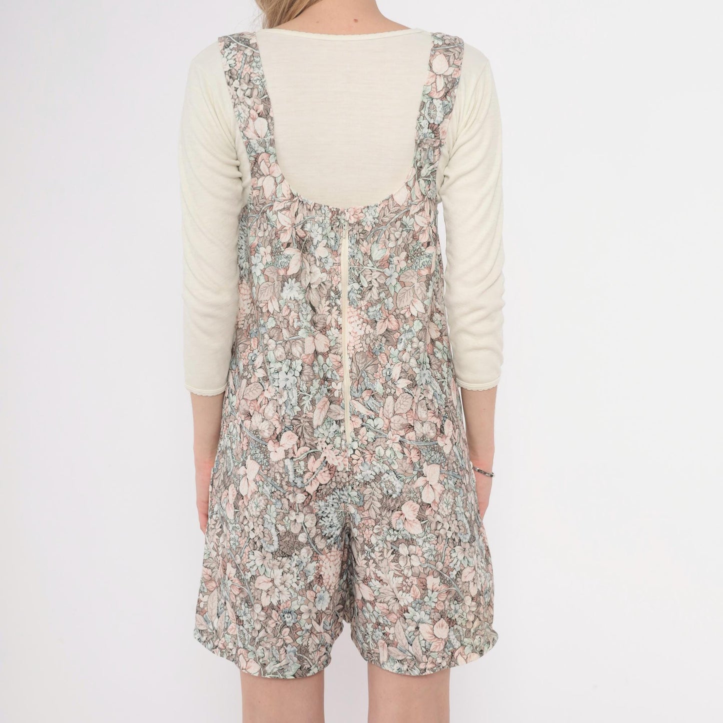 70s Floral Romper Pink Green Cream Scoop Neck Playsuit Small S