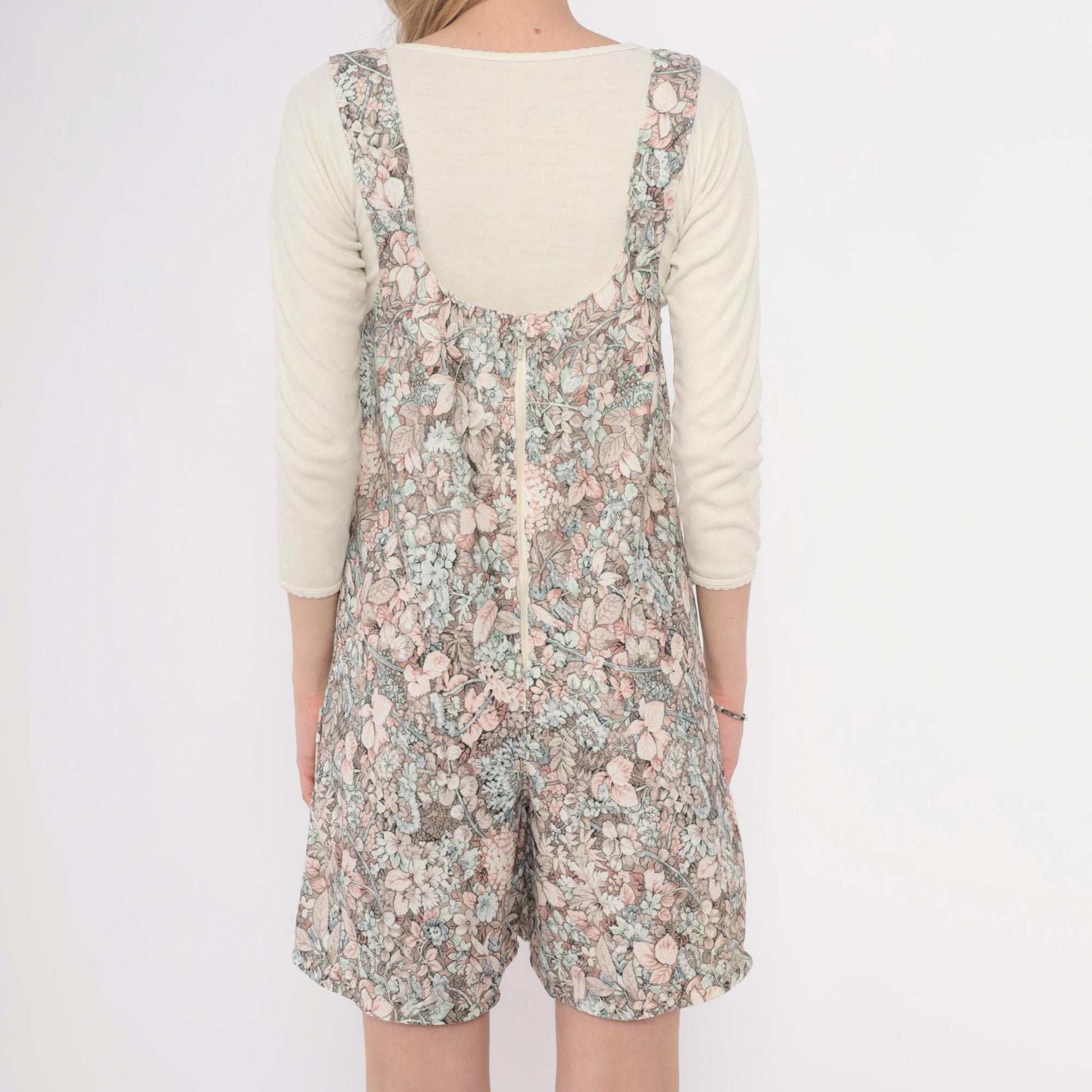 70s Floral Romper Pink Green Cream Scoop Neck Playsuit Small S
