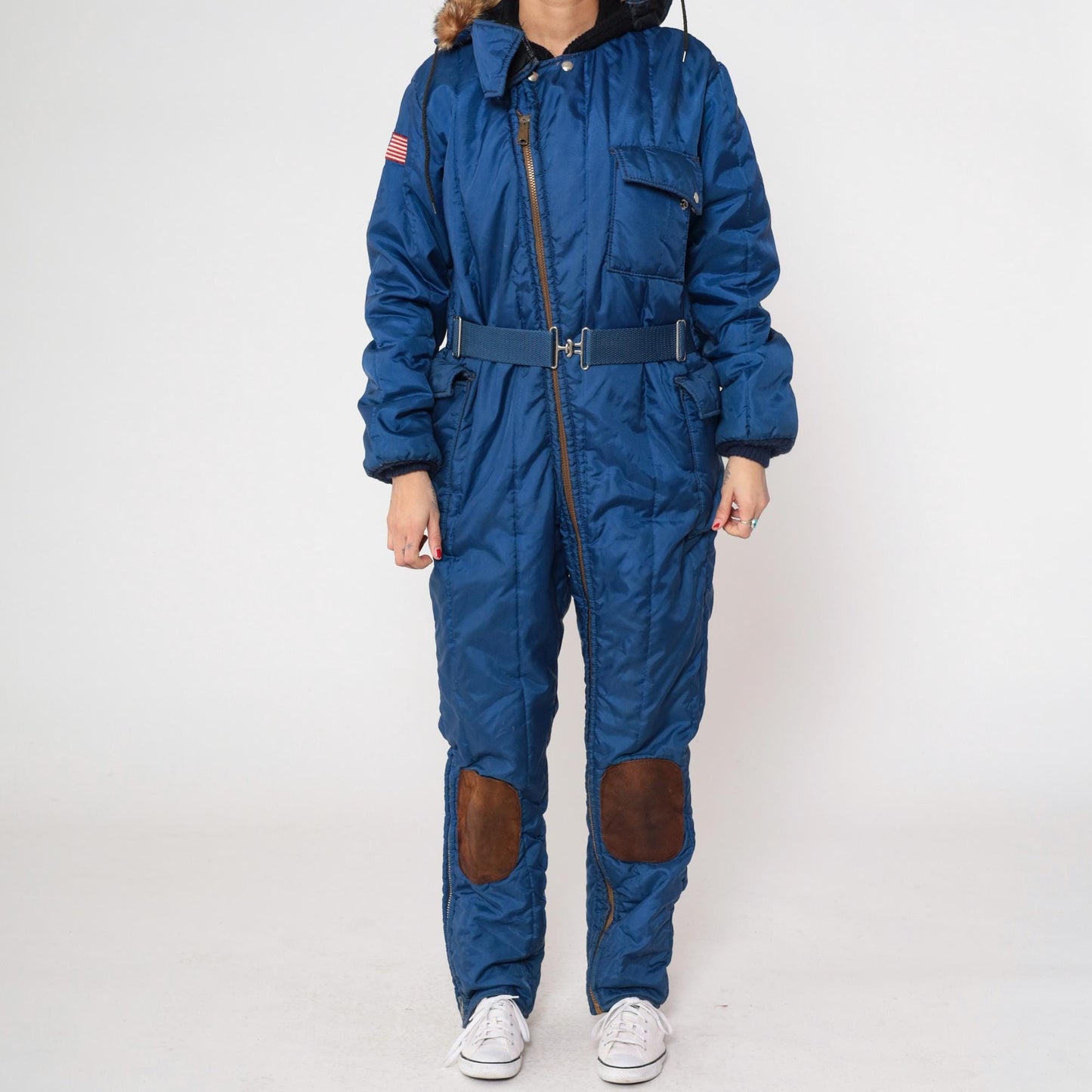 70s Polarware Ski Suit Blue Snowsuit Fur Hood American Flag Mens Medium