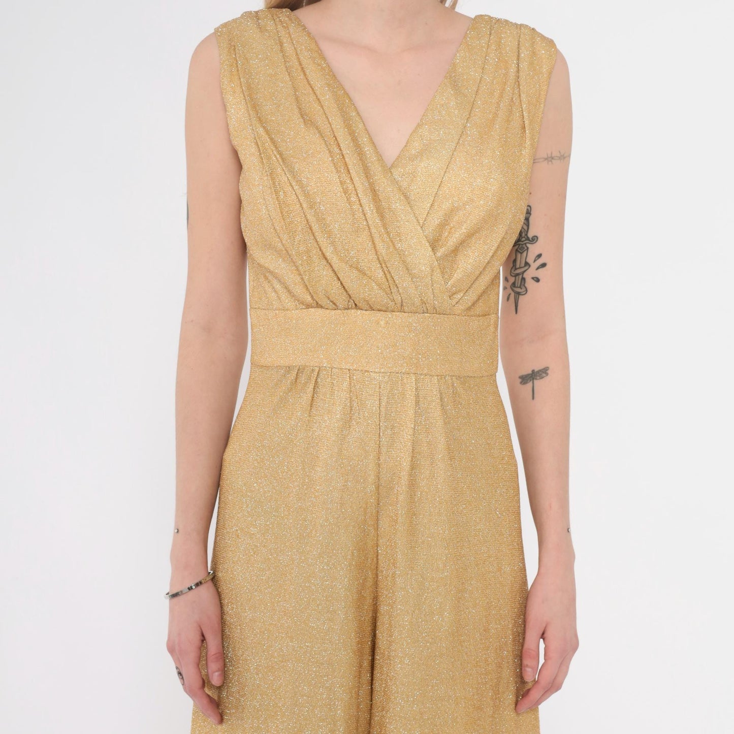 70s Gold Metallic Jumpsuit Sleeveless V-Neck Wide Leg Spiegel Small
