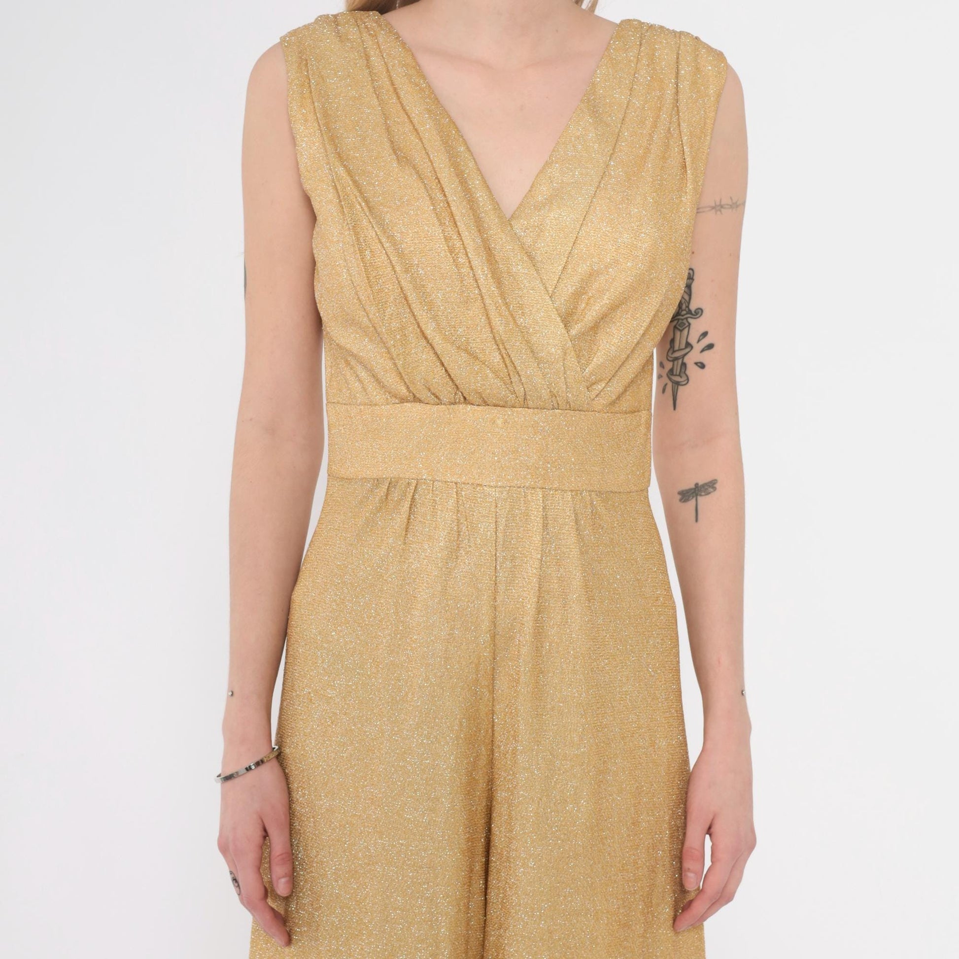 70s Gold Metallic Jumpsuit Sleeveless V-Neck Wide Leg Spiegel Small