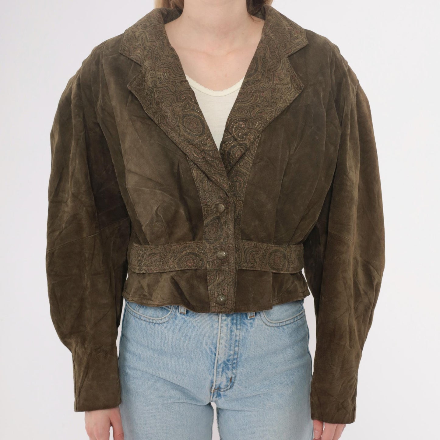 90s Olive Brown Leather Jacket Paisley Embossed Belted Cropped Small