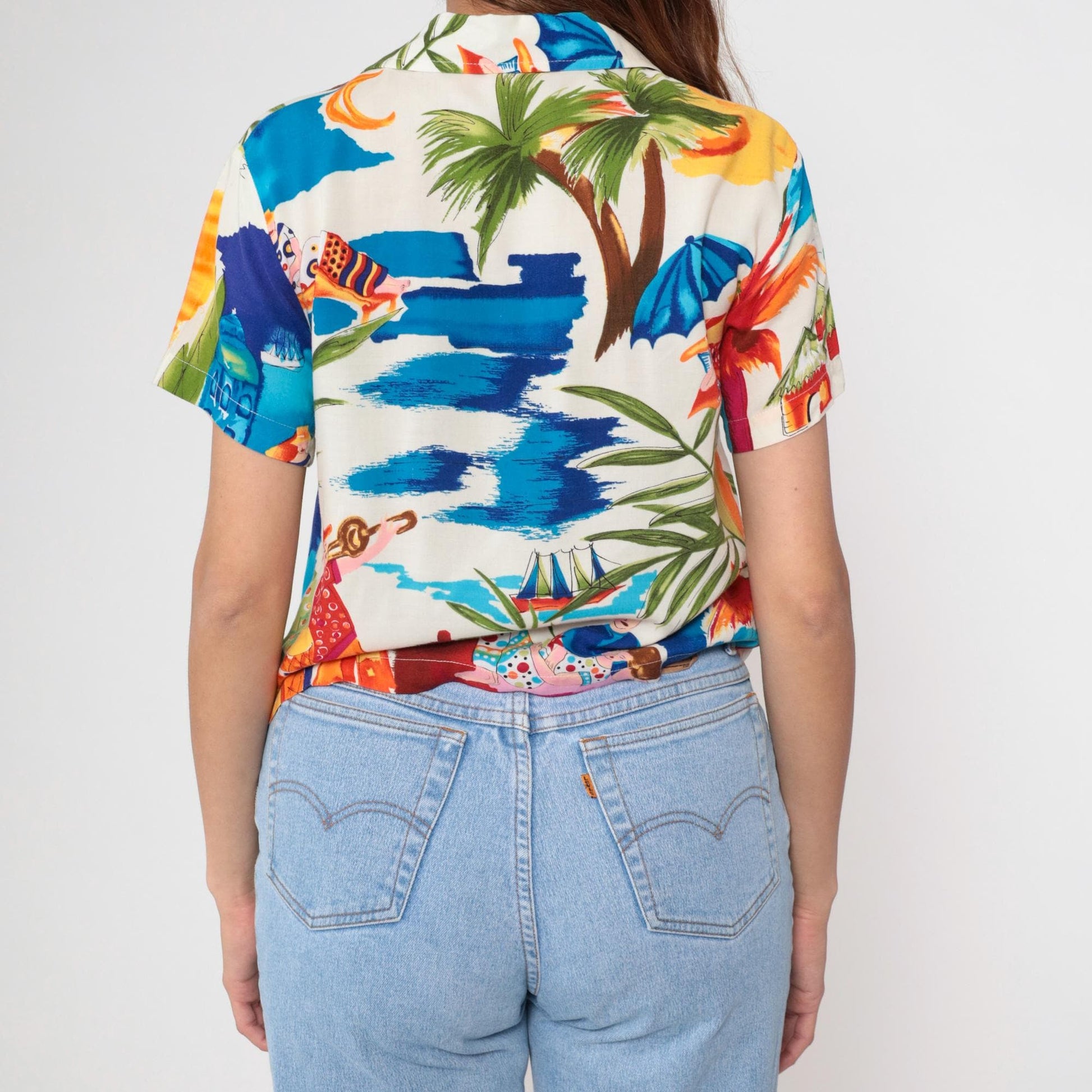 90s Tropical Print Button-Up Shirt Palm Trees Sailboats Medium