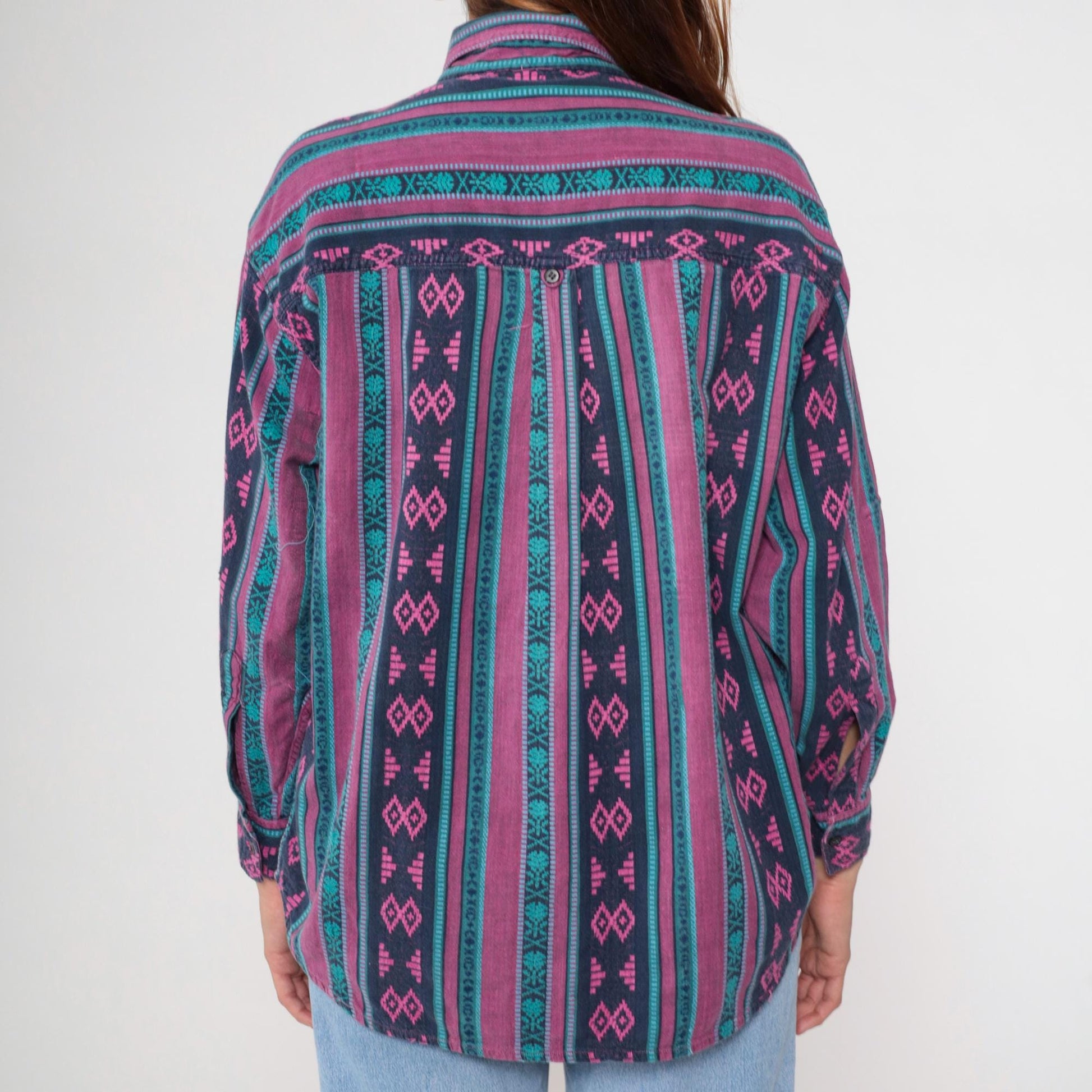 90s Southwestern Tribal Geometric Button-Up Shirt Purple Magenta Teal Large L