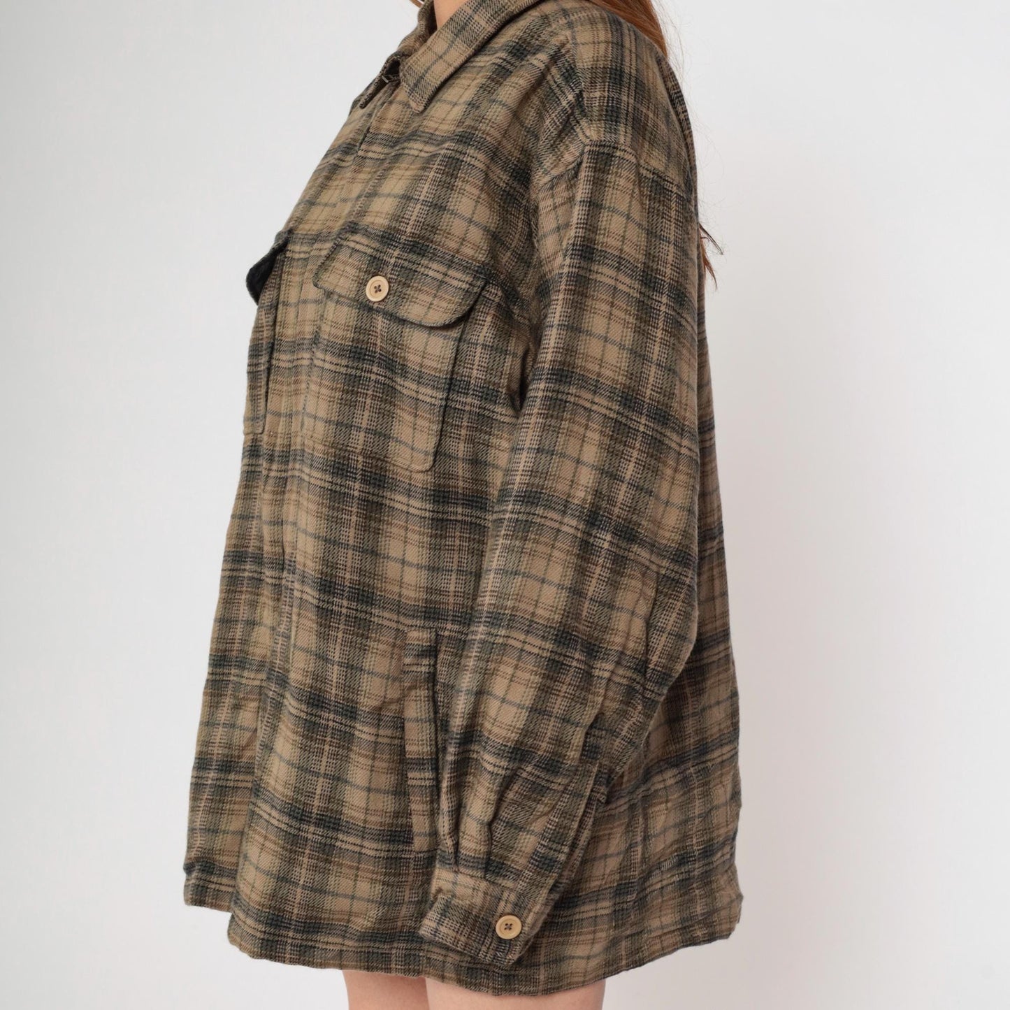 Y2K Shaver Lake Plaid Shirt Jacket Brown Green Checked Collared Large L