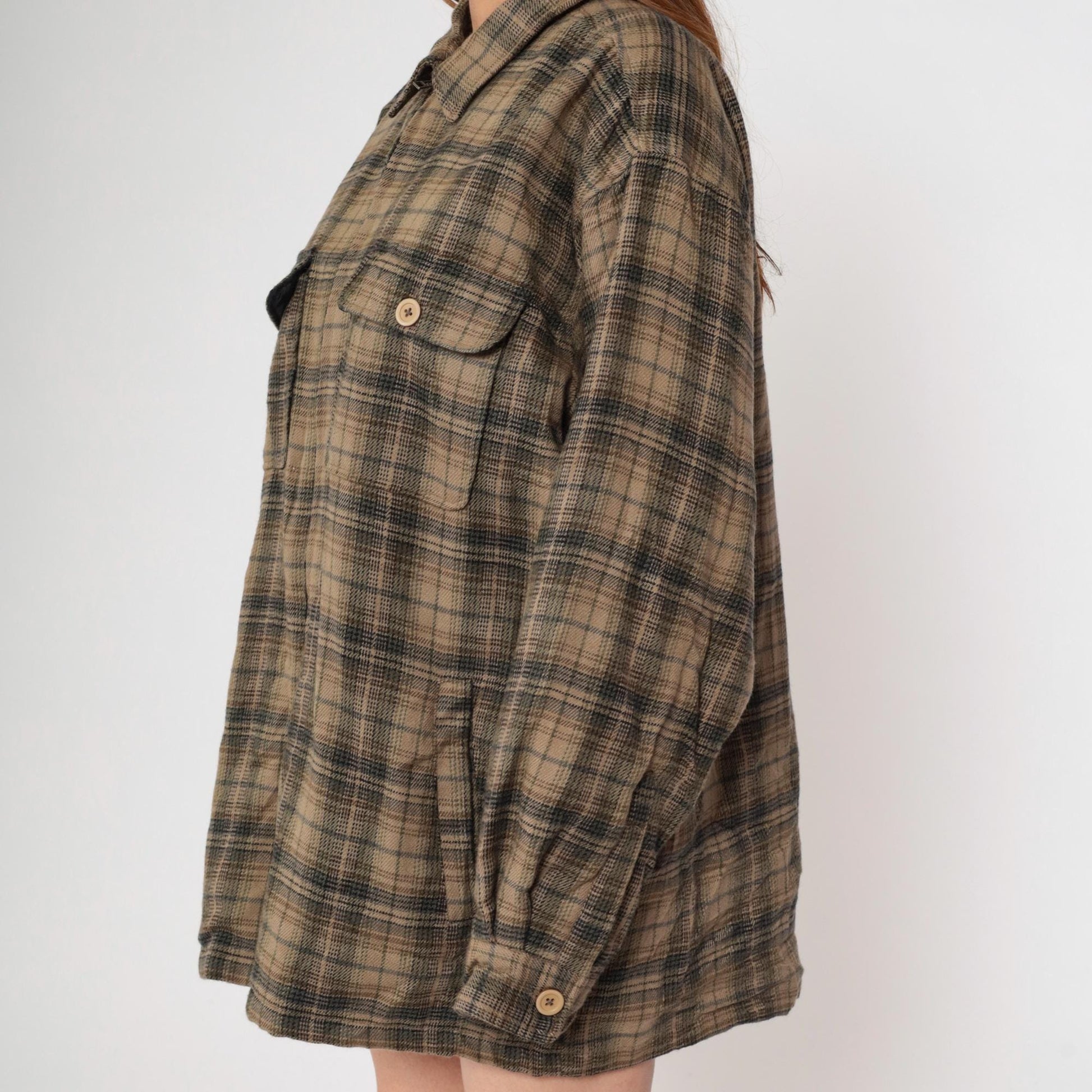 Y2K Shaver Lake Plaid Shirt Jacket Brown Green Checked Collared Large L