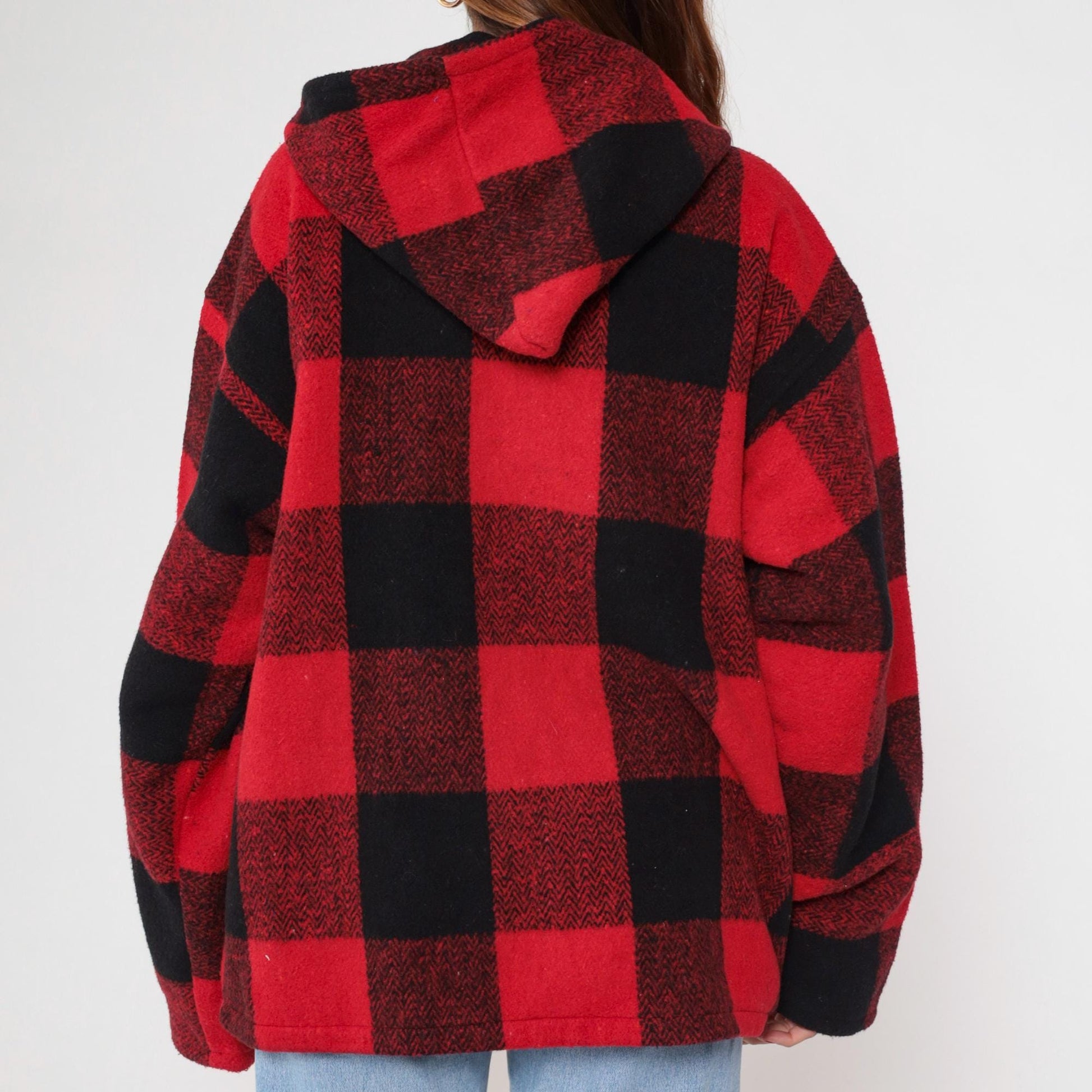 90s Buffalo Plaid Hoodie Red Black Half-Zip Earth Ragz Fleece Large L